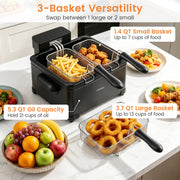 5.3-Qt Electric Deep Fryer with 3 Baskets 1700W LED Touch Screen and 6 Presets-Black-Air Fryers-DECOROLALA