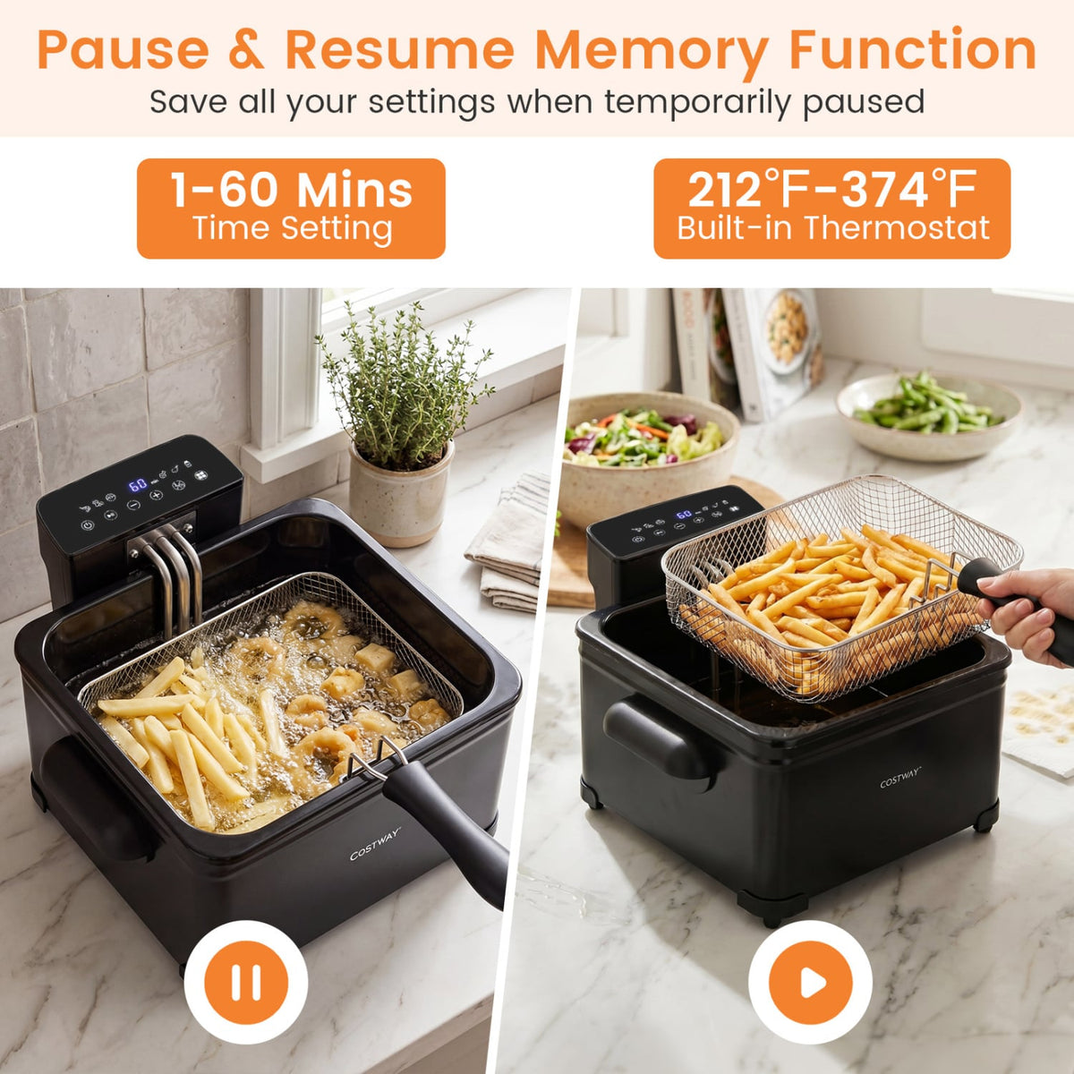 5.3-Qt Electric Deep Fryer with 3 Baskets 1700W LED Touch Screen and 6 Presets-Black-Air Fryers-DECOROLALA