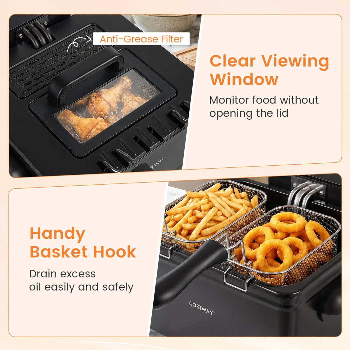 5.3-Qt Electric Deep Fryer with 3 Baskets 1700W LED Touch Screen and 6 Presets-Black-Air Fryers-DECOROLALA