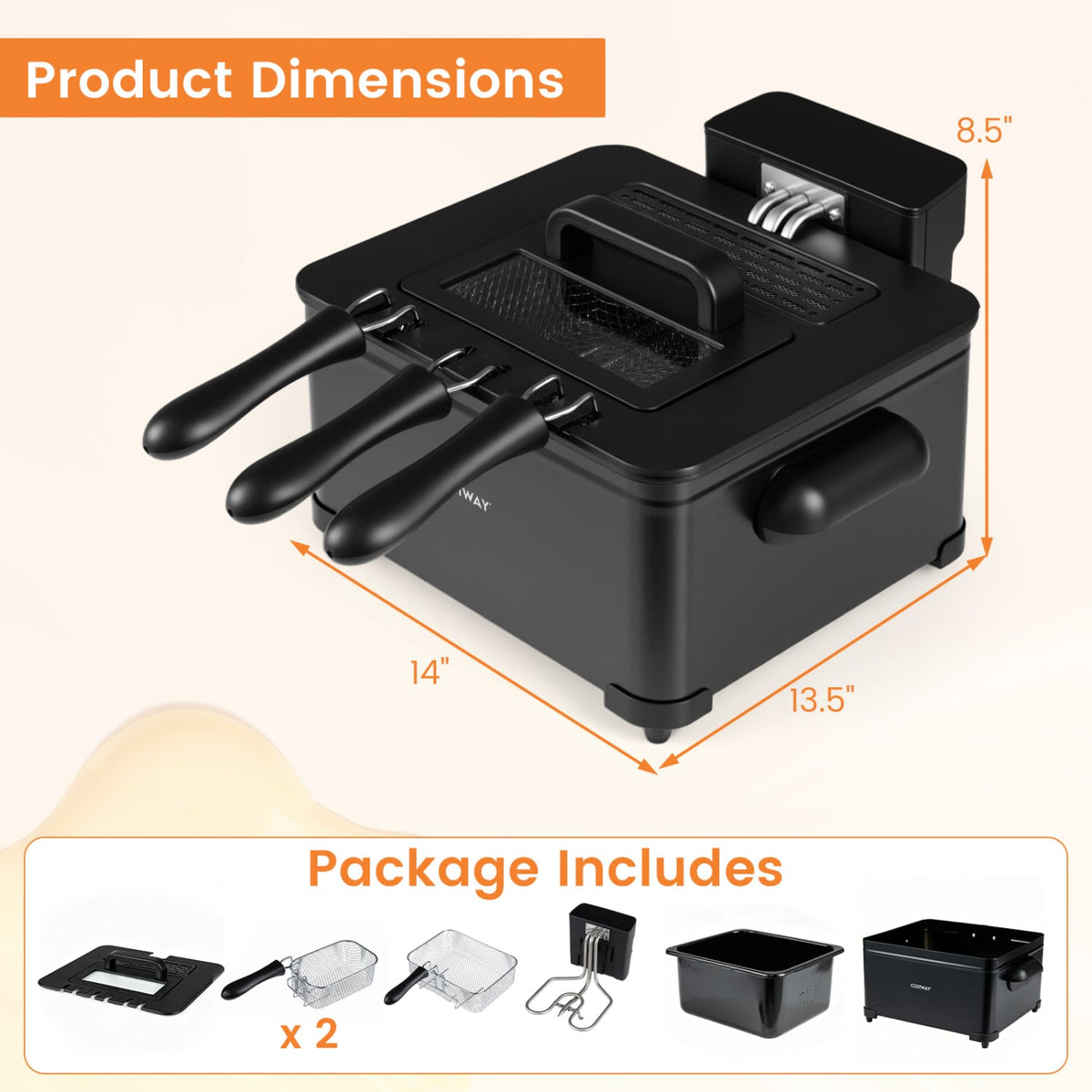5.3-Qt Electric Deep Fryer with 3 Baskets 1700W LED Touch Screen and 6 Presets-Black-Air Fryers-DECOROLALA