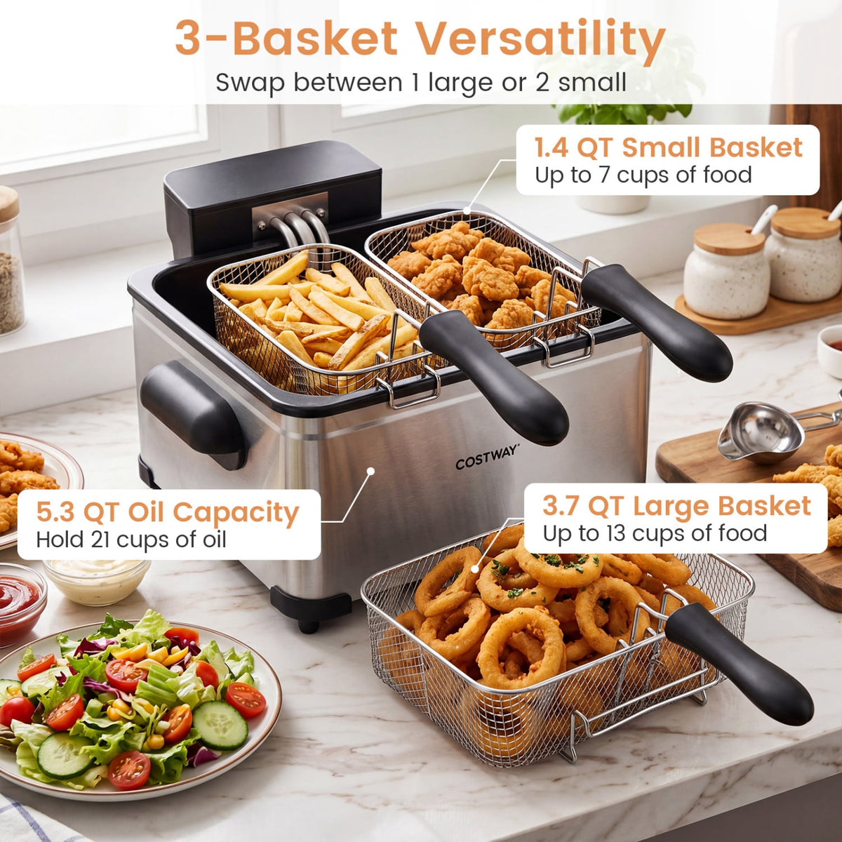 5.3-Qt Electric Deep Fryer with 3 Baskets 1700W LED Touch Screen and 6 Presets-Silver-Air Fryers-DECOROLALA