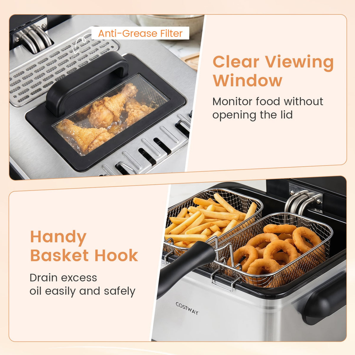 5.3-Qt Electric Deep Fryer with 3 Baskets 1700W LED Touch Screen and 6 Presets-Silver-Air Fryers-DECOROLALA