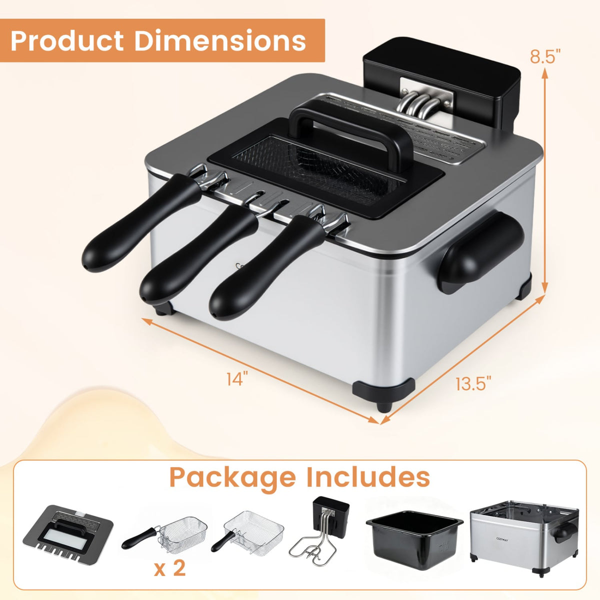 5.3-Qt Electric Deep Fryer with 3 Baskets 1700W LED Touch Screen and 6 Presets-Silver-Air Fryers-DECOROLALA