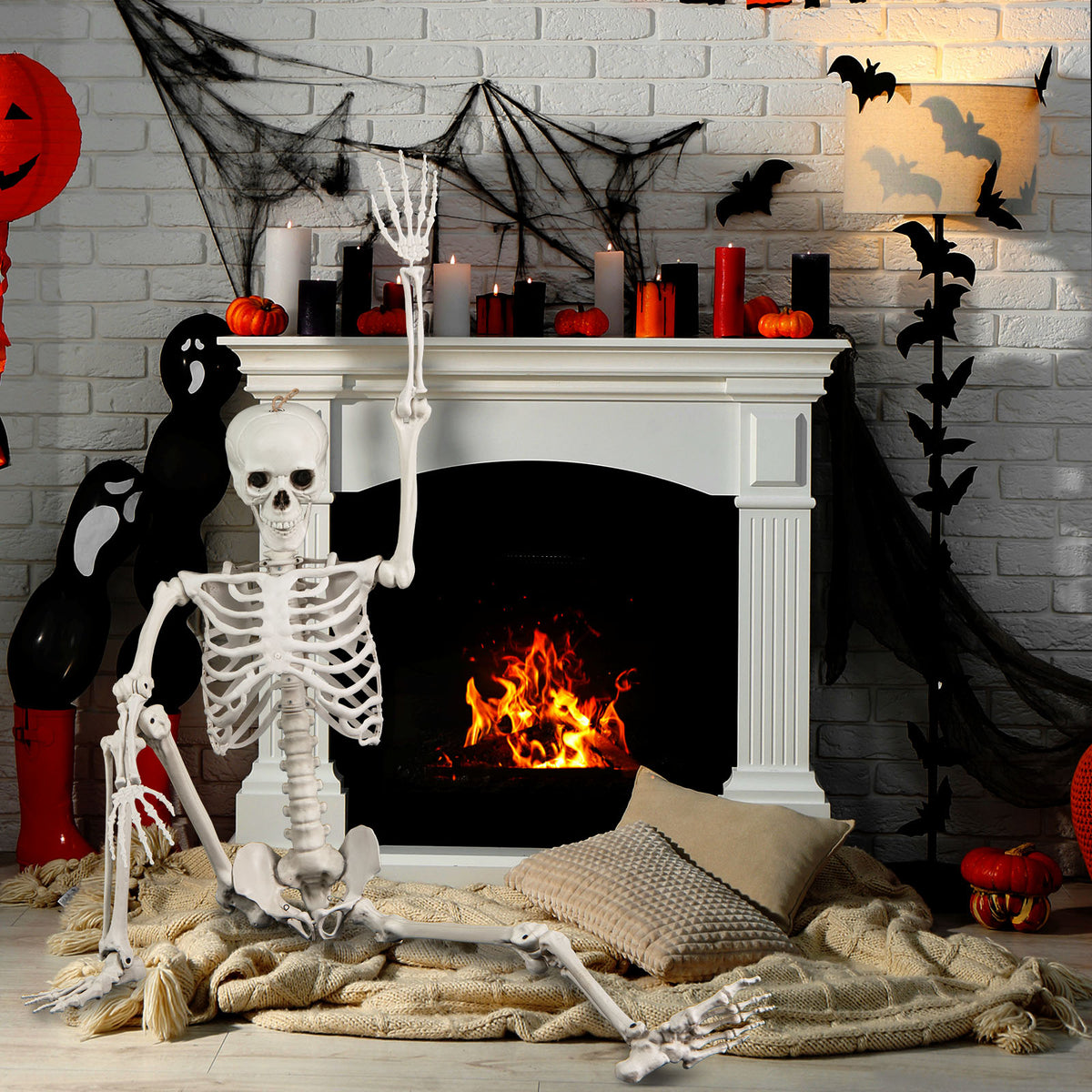 5.4 Ft Posable Halloween Skeleton Decoration - Life-Size White-Halloween Decorations-DECOROLALA