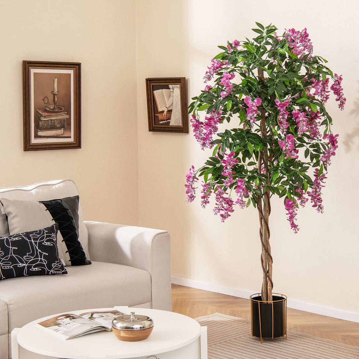 5.5 FT Faux Wisteria Plant in Nursery Pot with Blooming Flowers-Rose Red-Artificial Plants-DECOROLALA