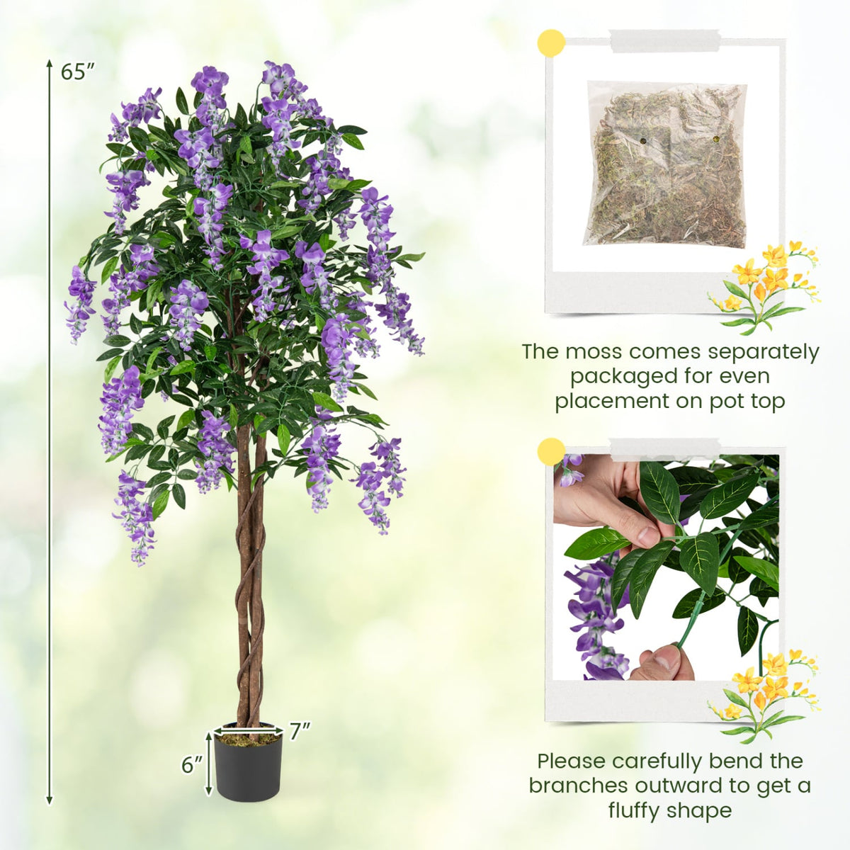 5.5 FT Faux Wisteria Plant in Nursery Pot with Blooming Flowers Set of 2-Purple-Artificial Plants-DECOROLALA