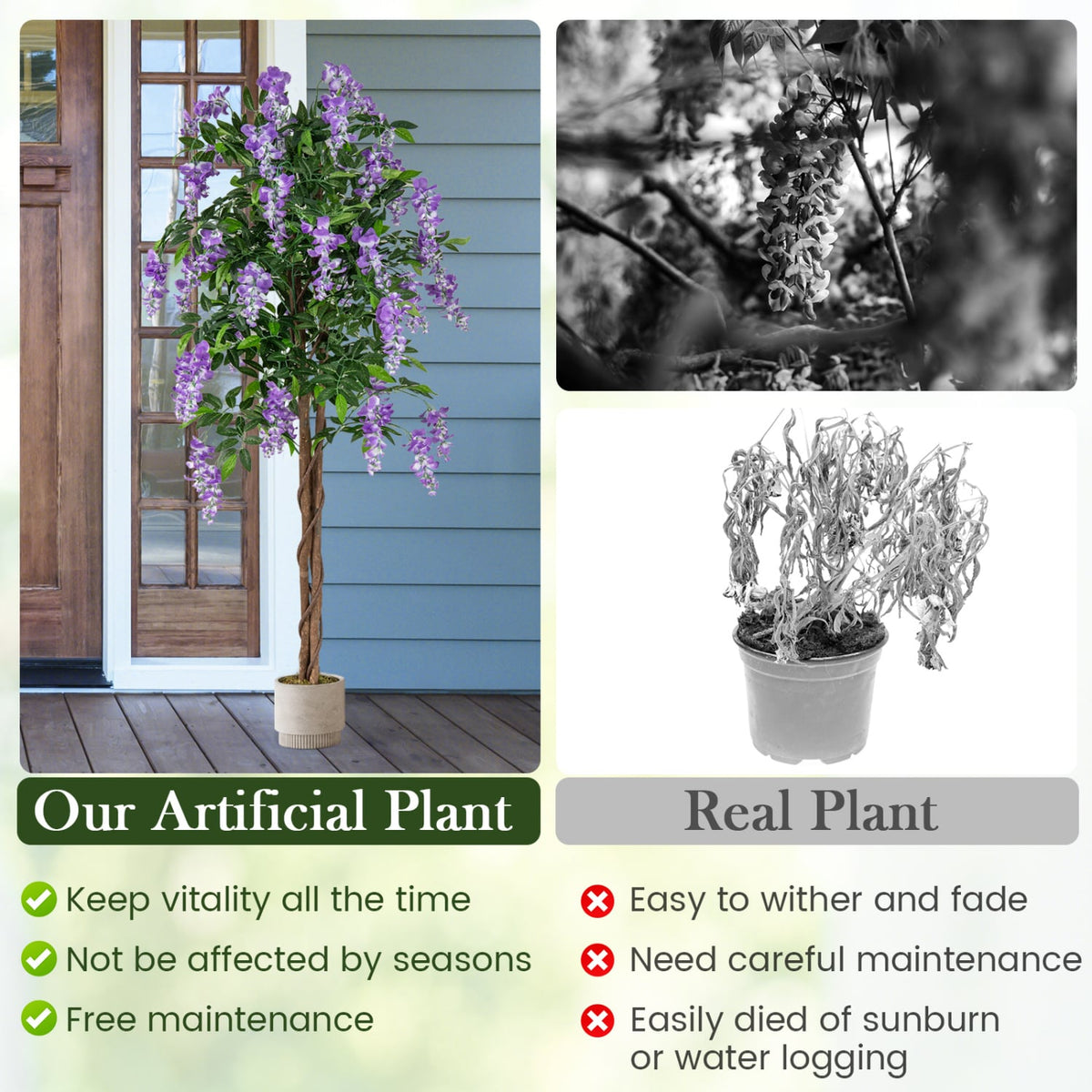 5.5 FT Faux Wisteria Plant in Nursery Pot with Blooming Flowers Set of 2-Purple-Artificial Plants-DECOROLALA