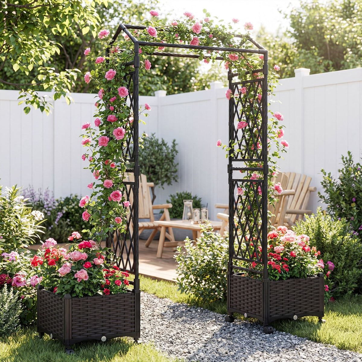 5.5 FT Self-Watering Planter Boxes with Lattice Trellis and Roof-Brown-Garden Arbors-DECOROLALA