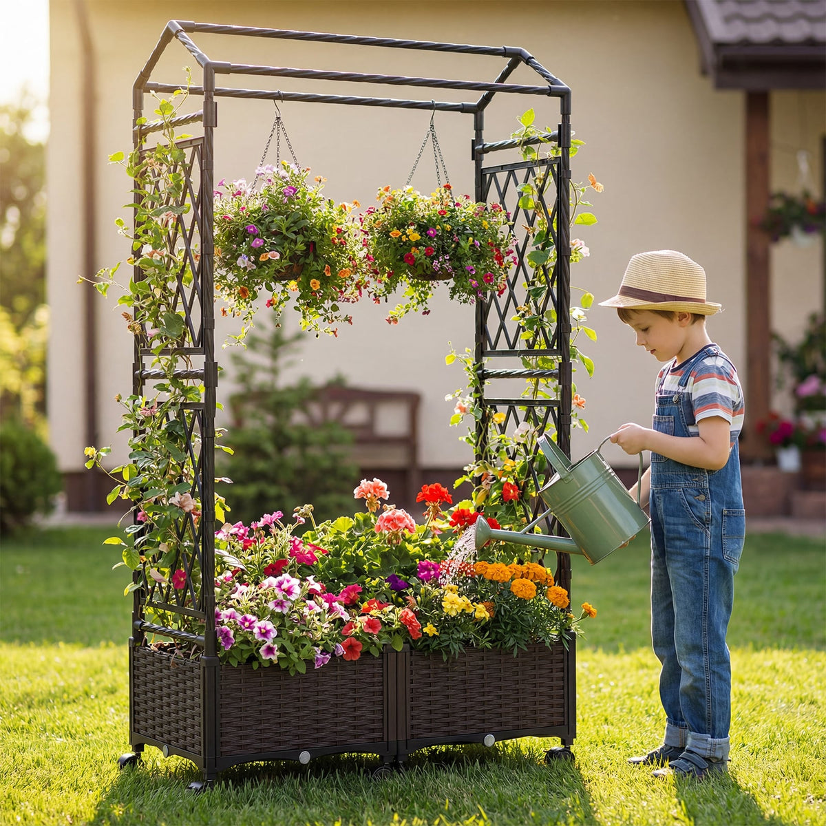 5.5 FT Self-Watering Planter Boxes with Lattice Trellis and Roof-Brown-Garden Arbors-DECOROLALA