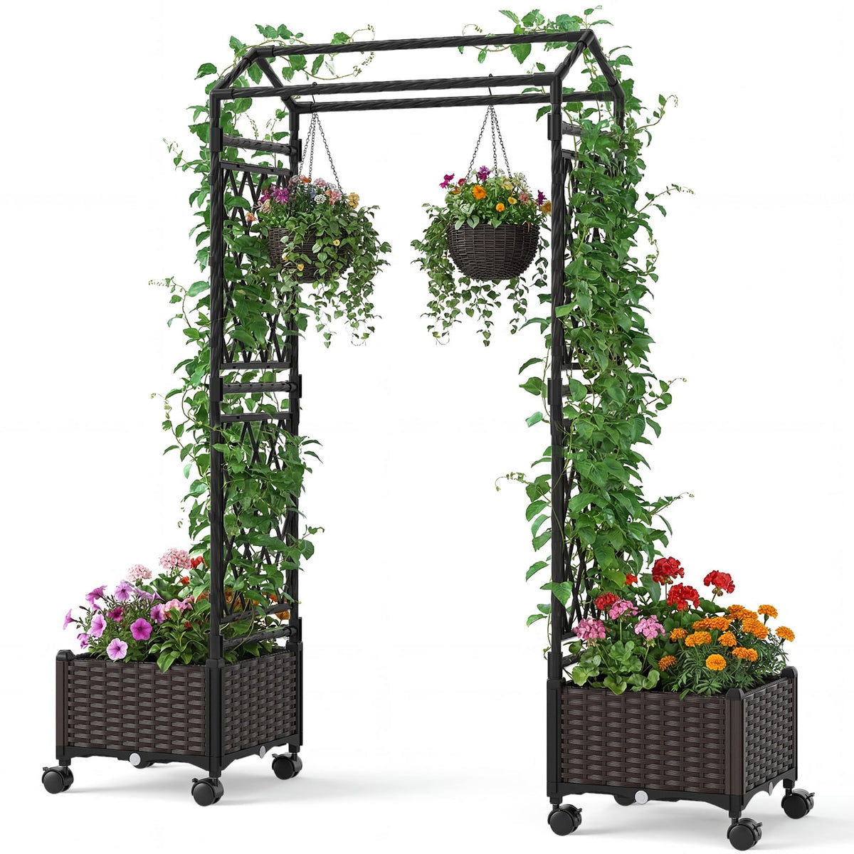 5.5 FT Self-Watering Planter Boxes with Lattice Trellis and Roof-Brown-Garden Arbors-DECOROLALA