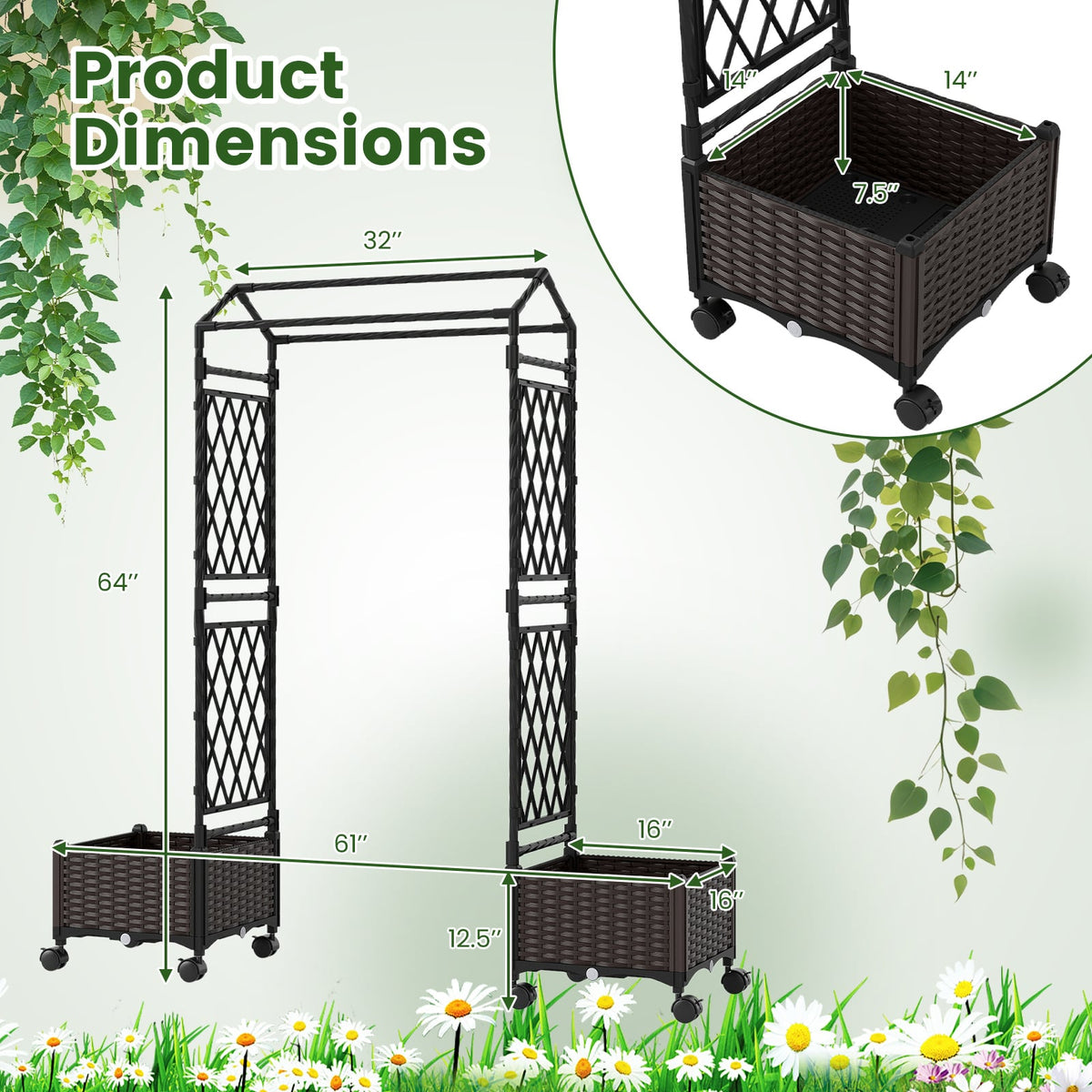 5.5 FT Self-Watering Planter Boxes with Lattice Trellis and Roof-Brown-Garden Arbors-DECOROLALA