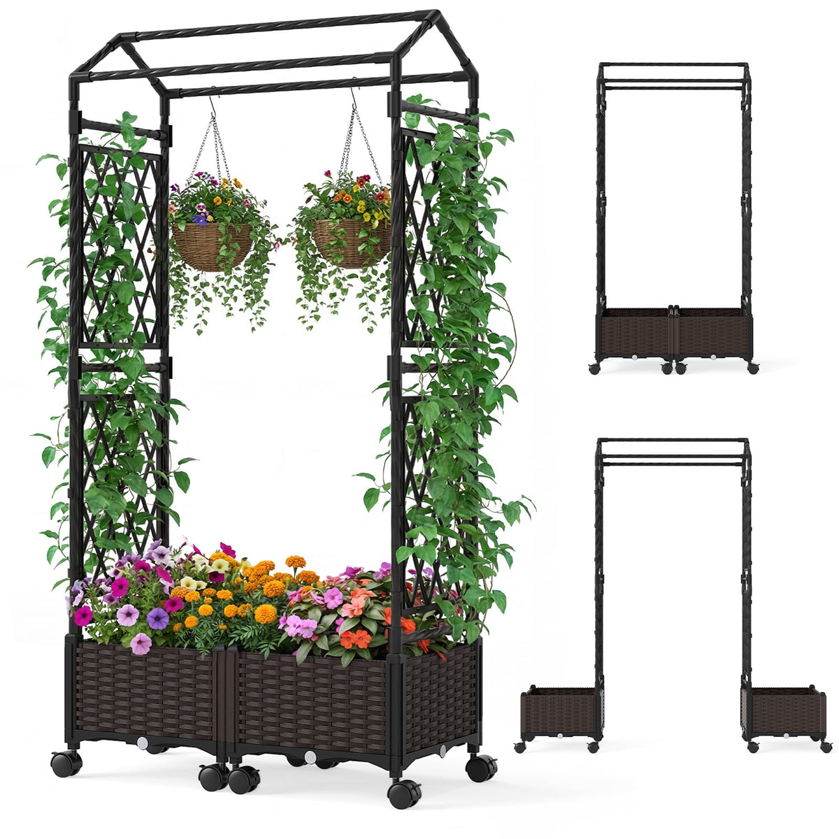 5.5 FT Self-Watering Planter Boxes with Lattice Trellis and Roof-Brown-Garden Arbors-DECOROLALA