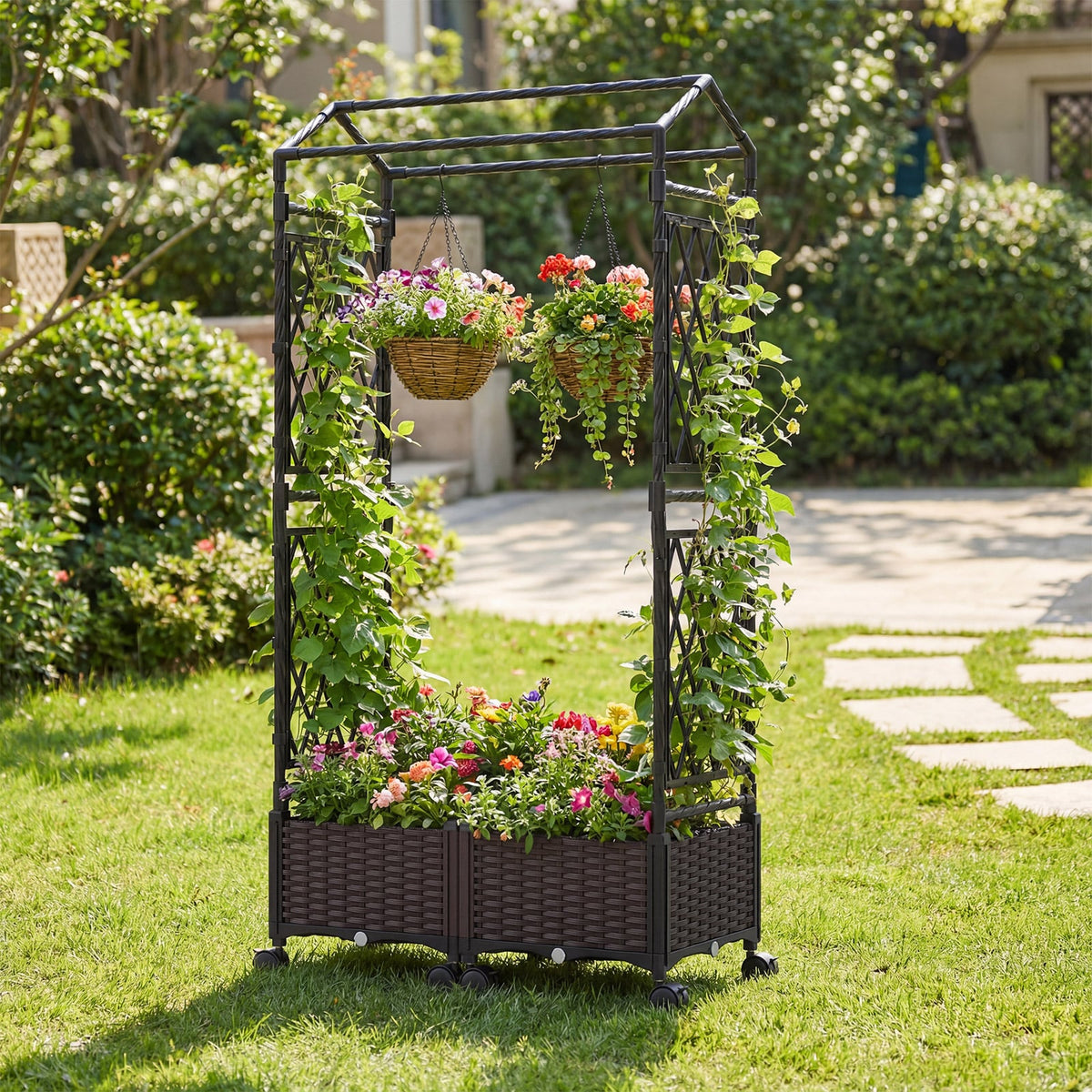 5.5 FT Self-Watering Planter Boxes with Lattice Trellis and Roof-Brown-Garden Arbors-DECOROLALA
