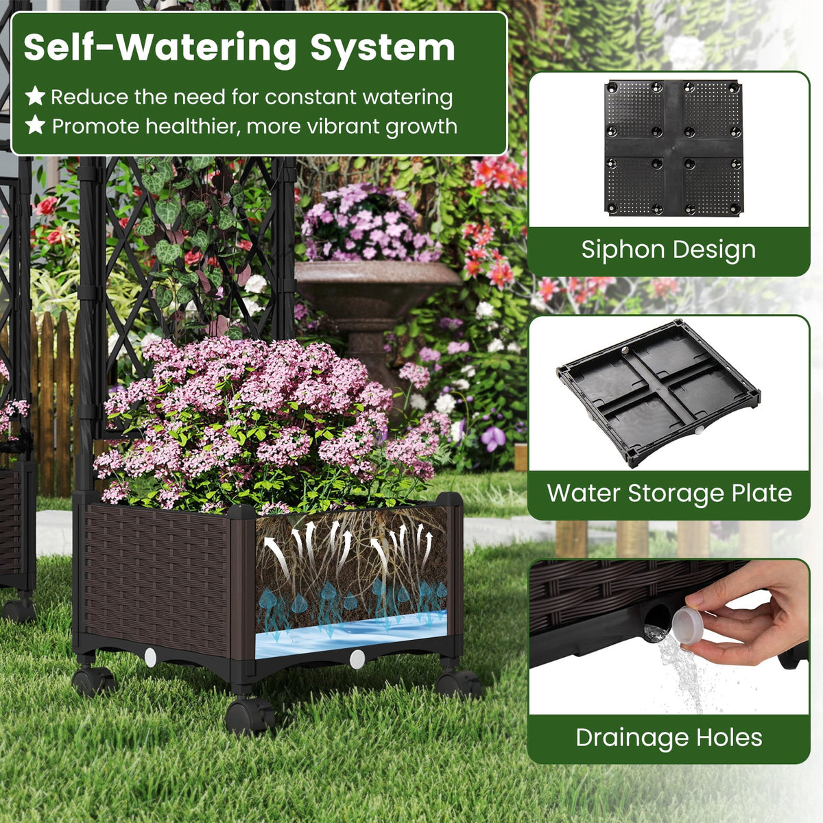 5.5 FT Self-Watering Planter Boxes with Lattice Trellis and Roof-Brown-Garden Arbors-DECOROLALA