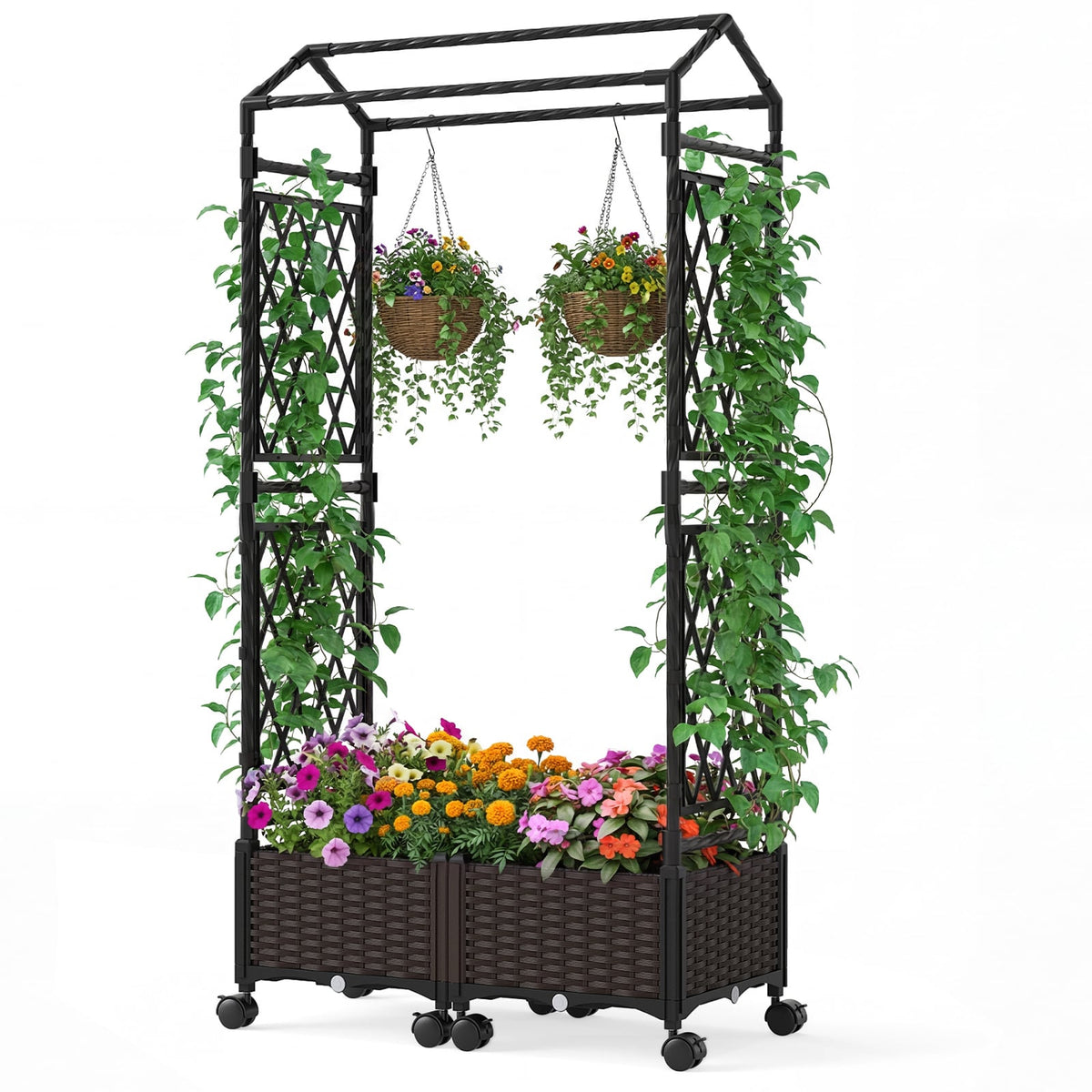 5.5 FT Self-Watering Planter Boxes with Lattice Trellis and Roof-Brown-Garden Arbors-DECOROLALA