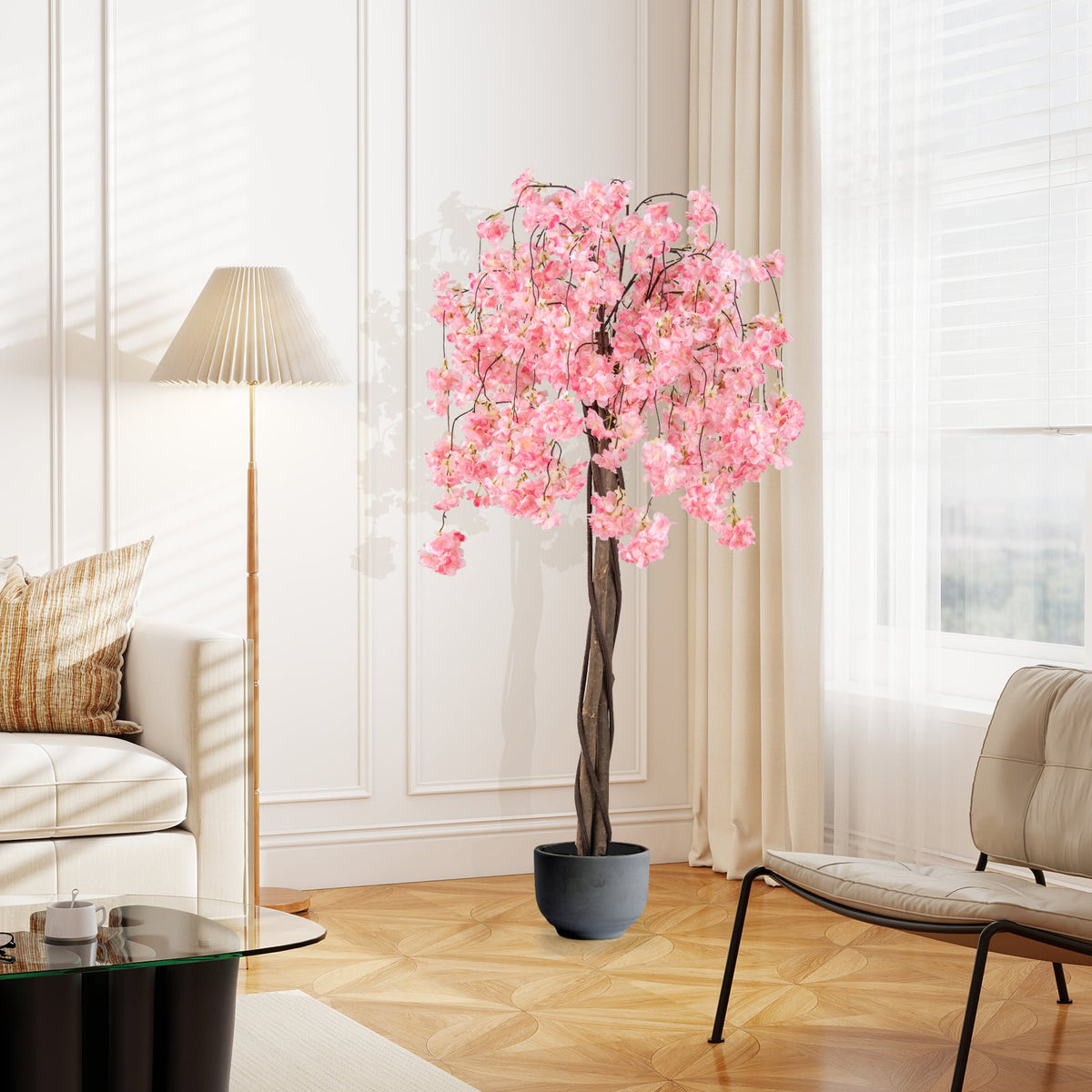 5.5 FT Tall Artificial Cherry Blossom Tree with Pink/White Flowers 1 Pack-Pink-Artificial Plants-DECOROLALA