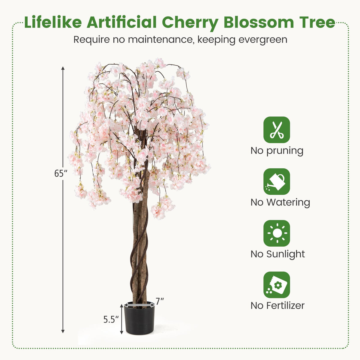 5.5 FT Tall Artificial Cherry Blossom Tree with Pink/White Flowers 1 Pack-White-Artificial Plants-DECOROLALA