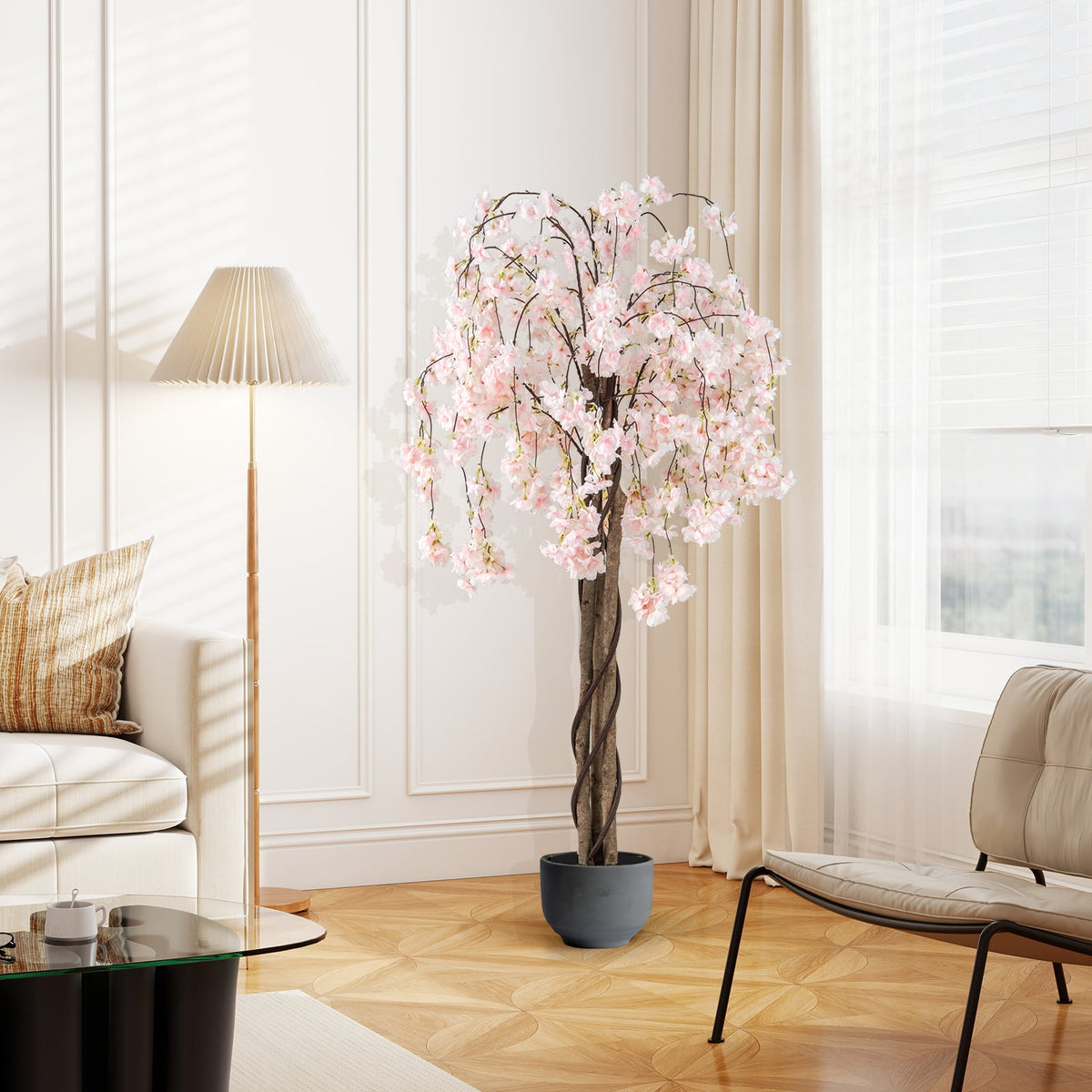 5.5 FT Tall Artificial Cherry Blossom Tree with Pink/White Flowers 1 Pack-White-Artificial Plants-DECOROLALA