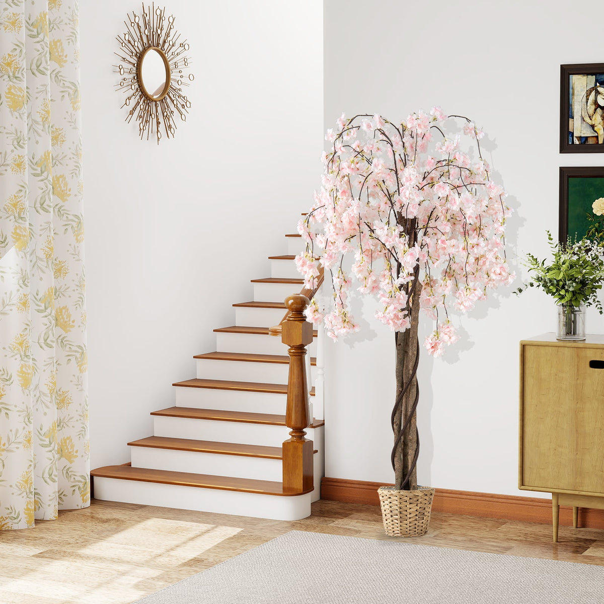 5.5 FT Tall Artificial Cherry Blossom Tree with Pink/White Flowers 2 Pack-White-Artificial Plants-DECOROLALA