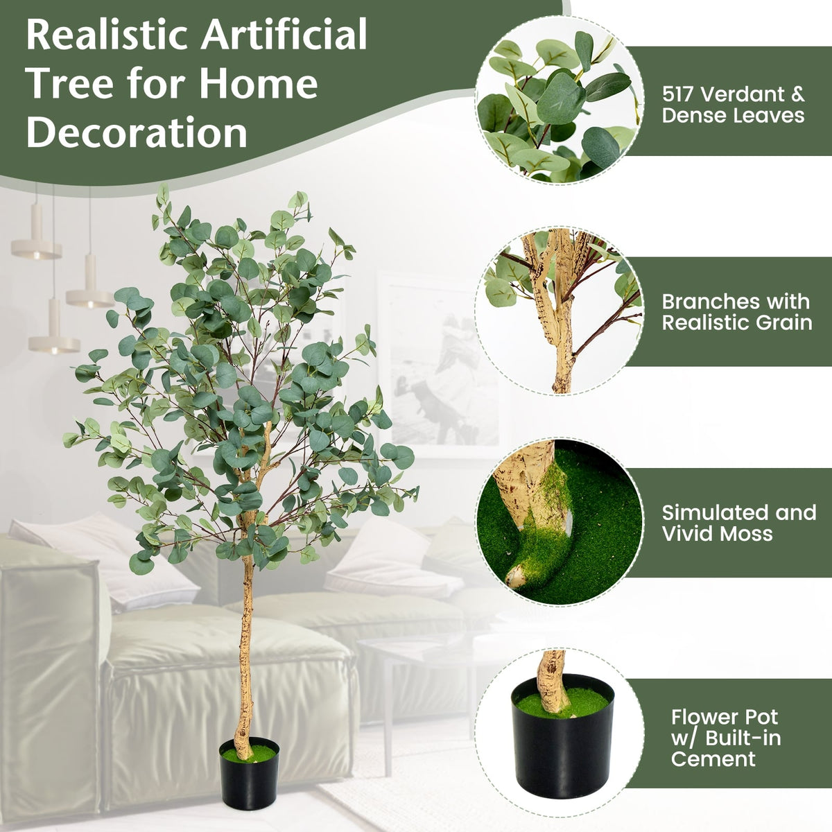 5.5 Feet Artificial Eucalyptus Tree with 517 Silver Dollar Leaves-2 Peice-Artificial Plants-DECOROLALA