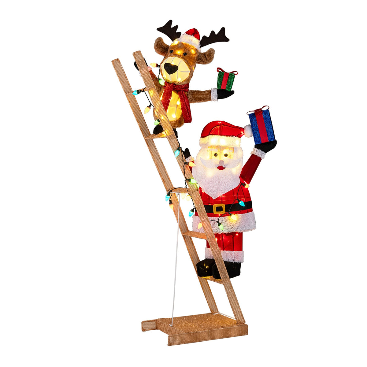 5.5 Feet Christmas Lighted Reindeer and Santa Claus on Ladder with 100 LED Lights-Christmas Decorations & Accessories-DECOROLALA