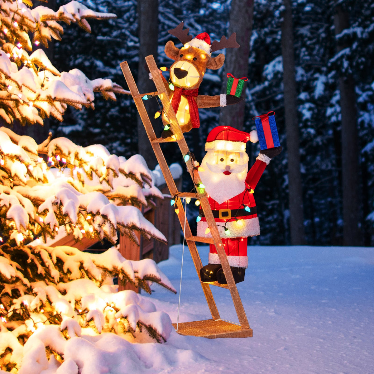 5.5 Feet Christmas Lighted Reindeer and Santa Claus on Ladder with 100 LED Lights-Christmas Decorations & Accessories-DECOROLALA