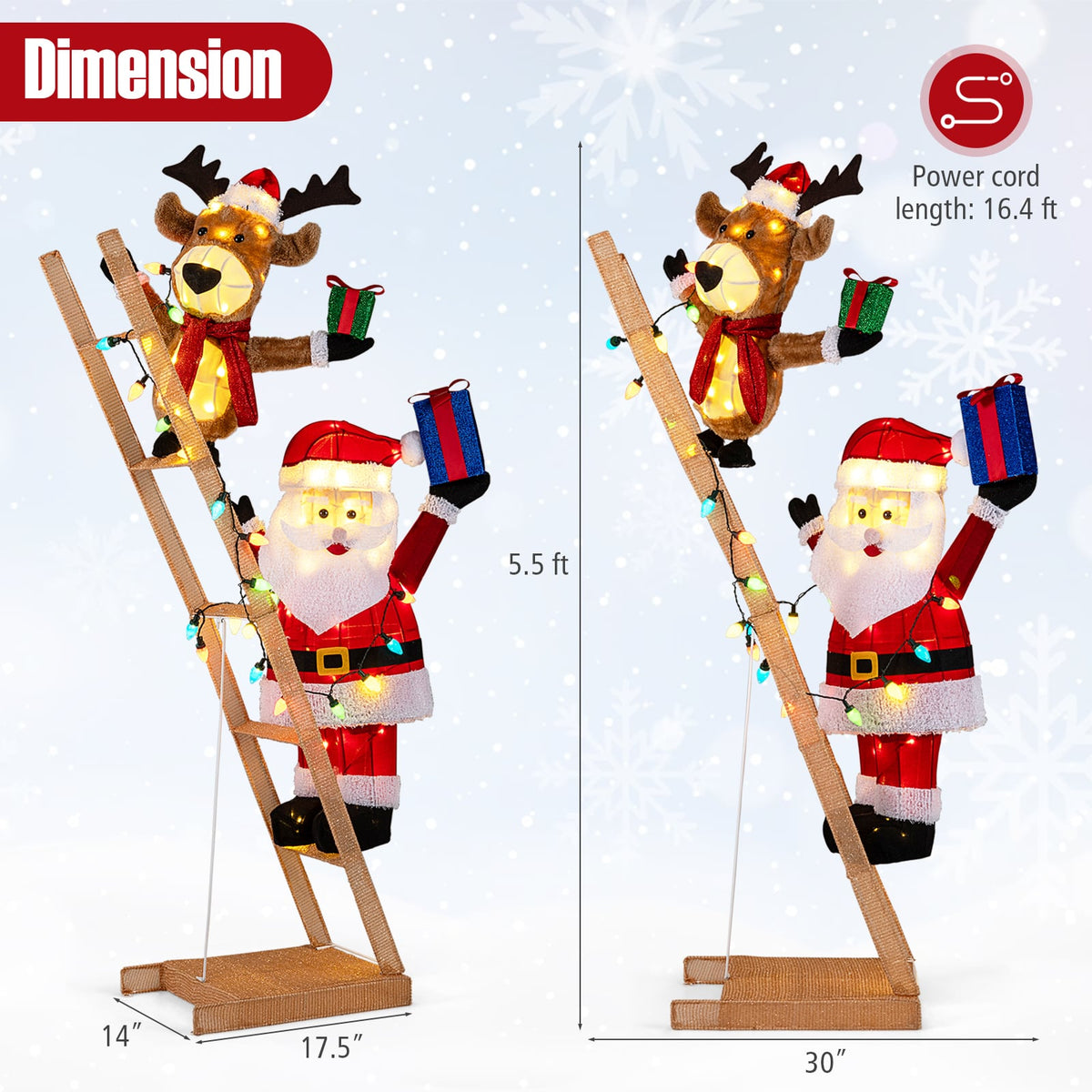 5.5 Feet Christmas Lighted Reindeer and Santa Claus on Ladder with 100 LED Lights-Christmas Decorations & Accessories-DECOROLALA