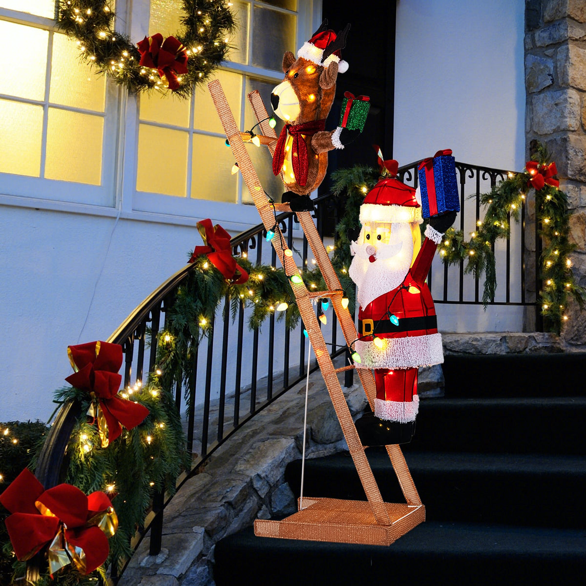 5.5 Feet Christmas Lighted Reindeer and Santa Claus on Ladder with 100 LED Lights-Christmas Decorations & Accessories-DECOROLALA