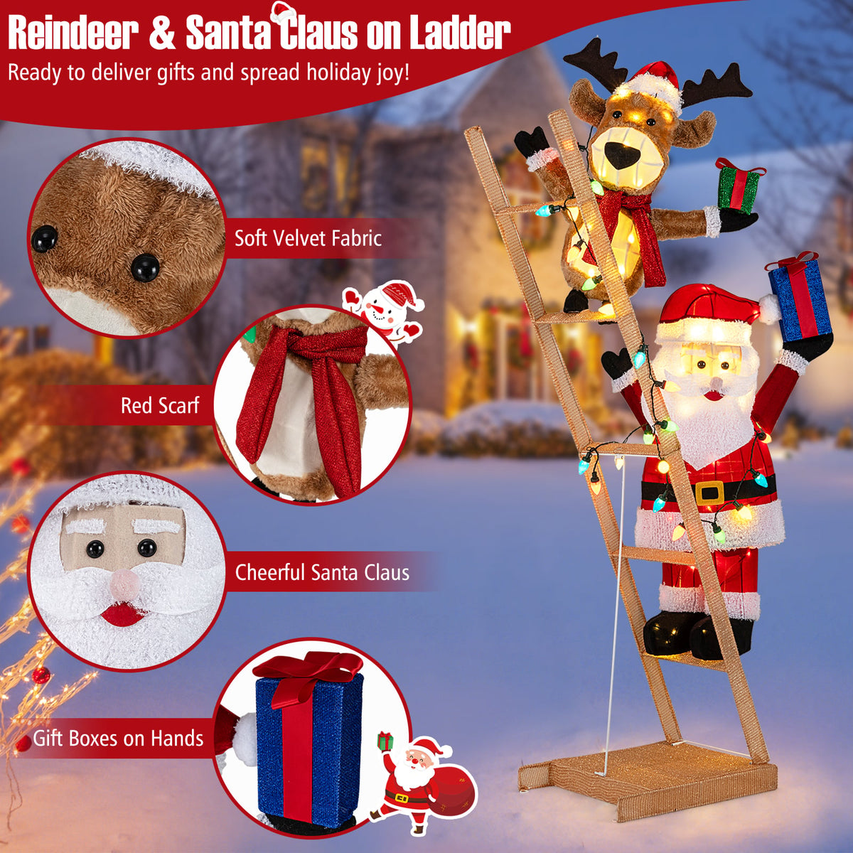 5.5 Feet Christmas Lighted Reindeer and Santa Claus on Ladder with 100 LED Lights-Christmas Decorations & Accessories-DECOROLALA