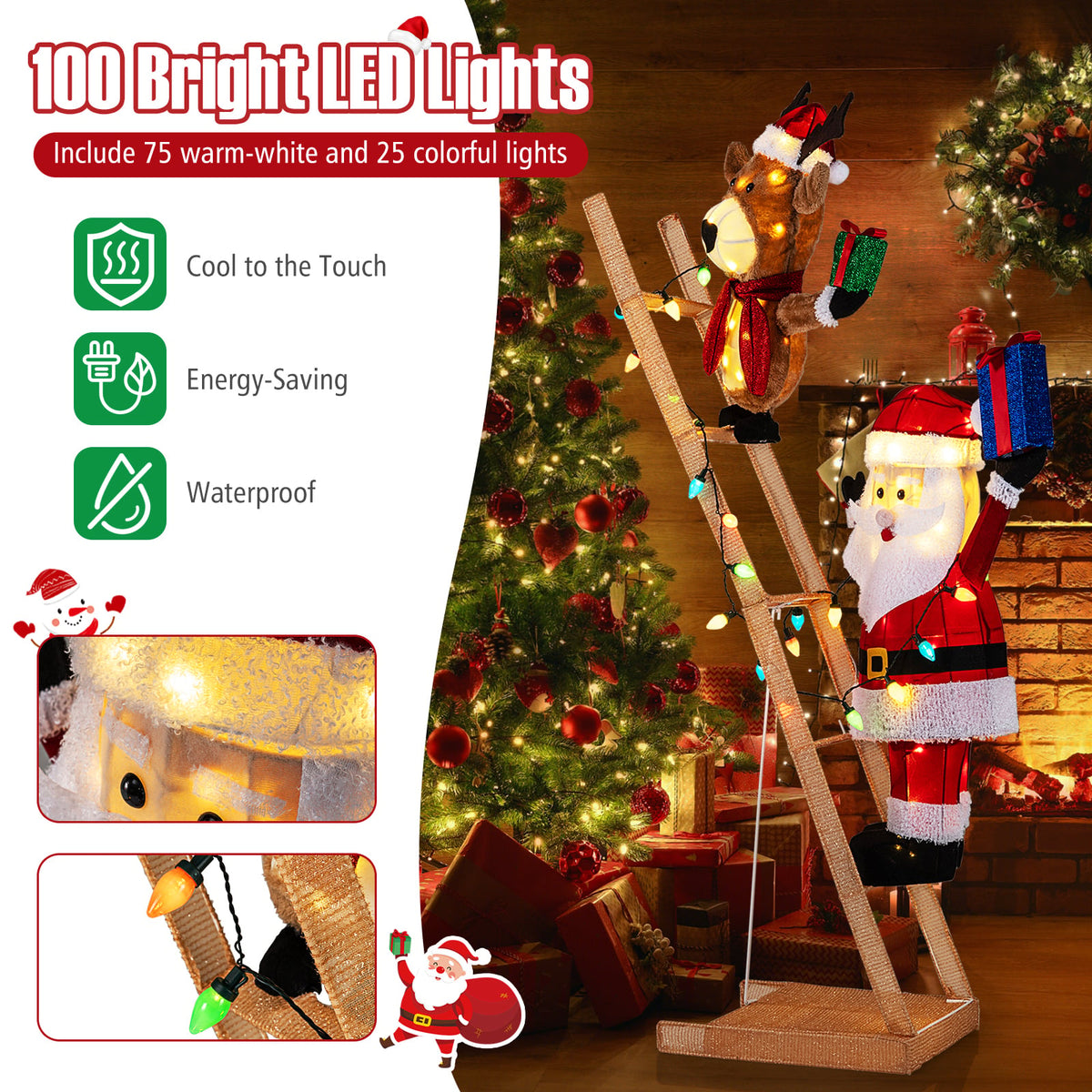 5.5 Feet Christmas Lighted Reindeer and Santa Claus on Ladder with 100 LED Lights-Christmas Decorations & Accessories-DECOROLALA