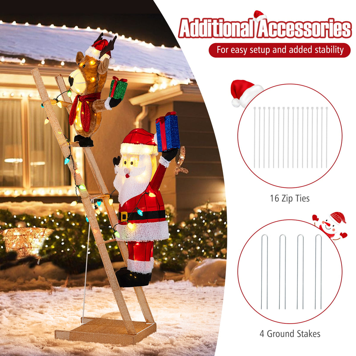 5.5 Feet Christmas Lighted Reindeer and Santa Claus on Ladder with 100 LED Lights-Christmas Decorations & Accessories-DECOROLALA