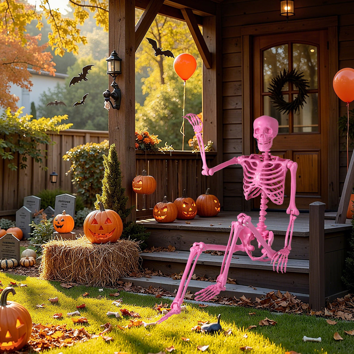 5.5 ft Life-Size Poseable Halloween Skeleton - Pink-Halloween Decorations-DECOROLALA