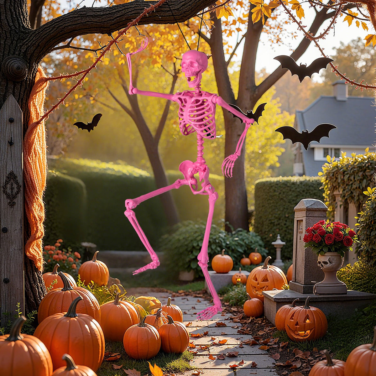 5.5 ft Life-Size Poseable Halloween Skeleton - Pink-Halloween Decorations-DECOROLALA