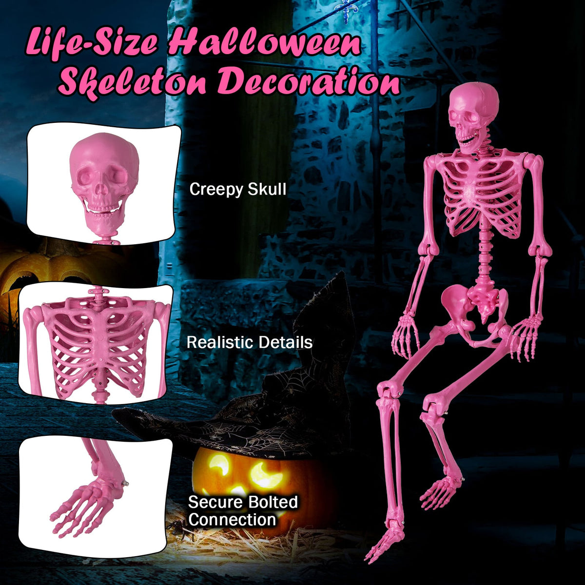 5.5 ft Life-Size Poseable Halloween Skeleton - Pink-Halloween Decorations-DECOROLALA