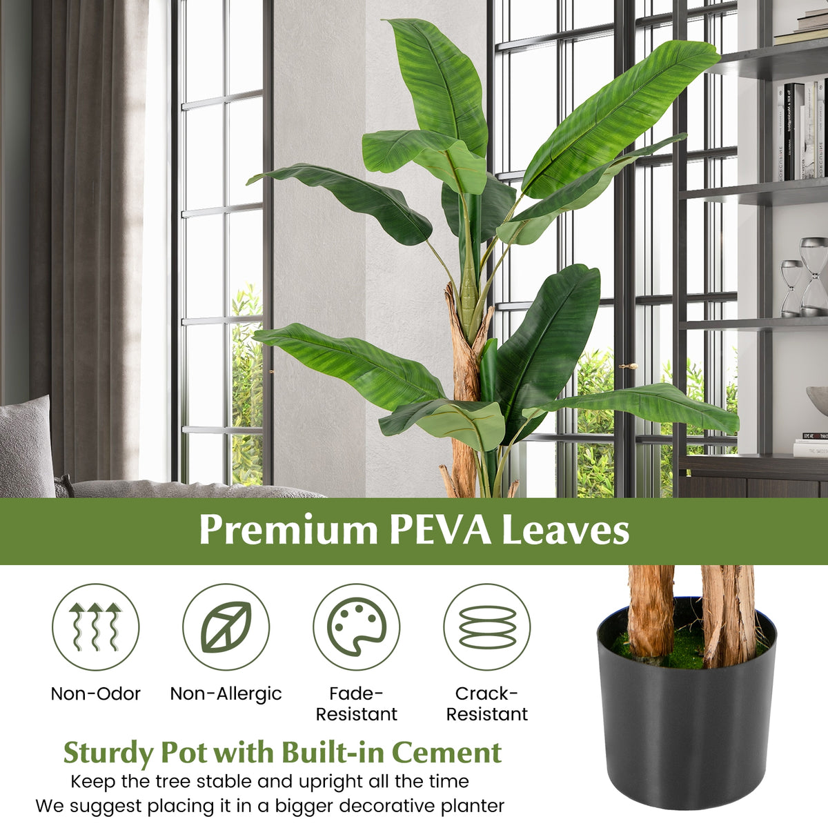 5.5/6.5 Feet Tall Artificial Banana Tree with 10/27 Large Leaves-5.5 ft-Artificial Plants-DECOROLALA