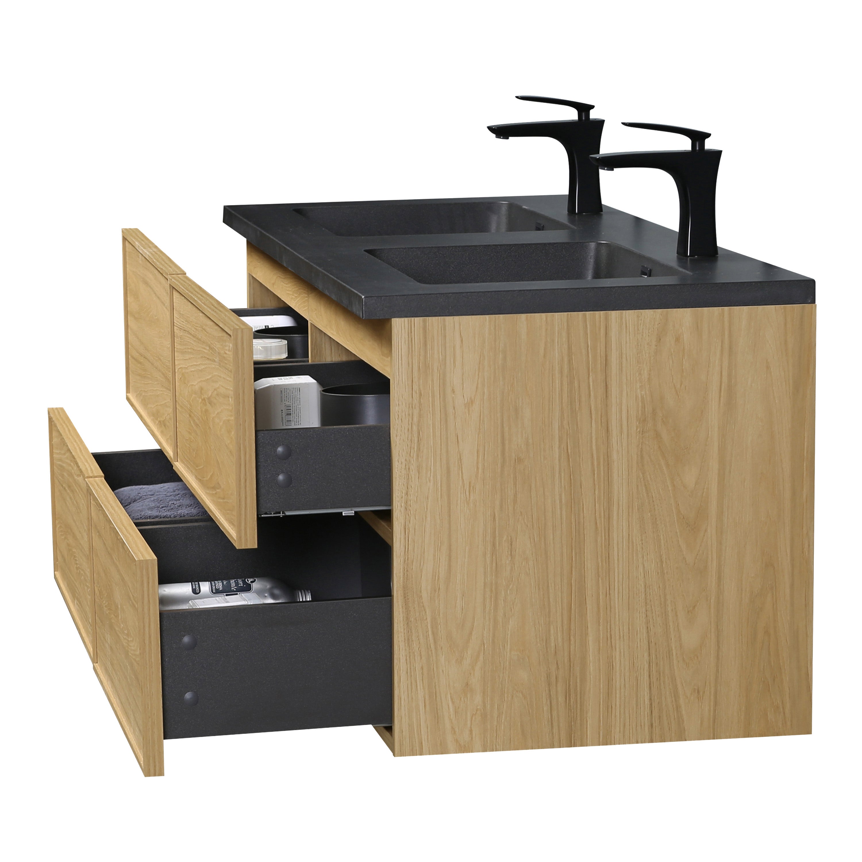 60" Sunset Walnut Wall Mount Double Sink Bathroom Vanity with Black Engineered Quartz Countertop
