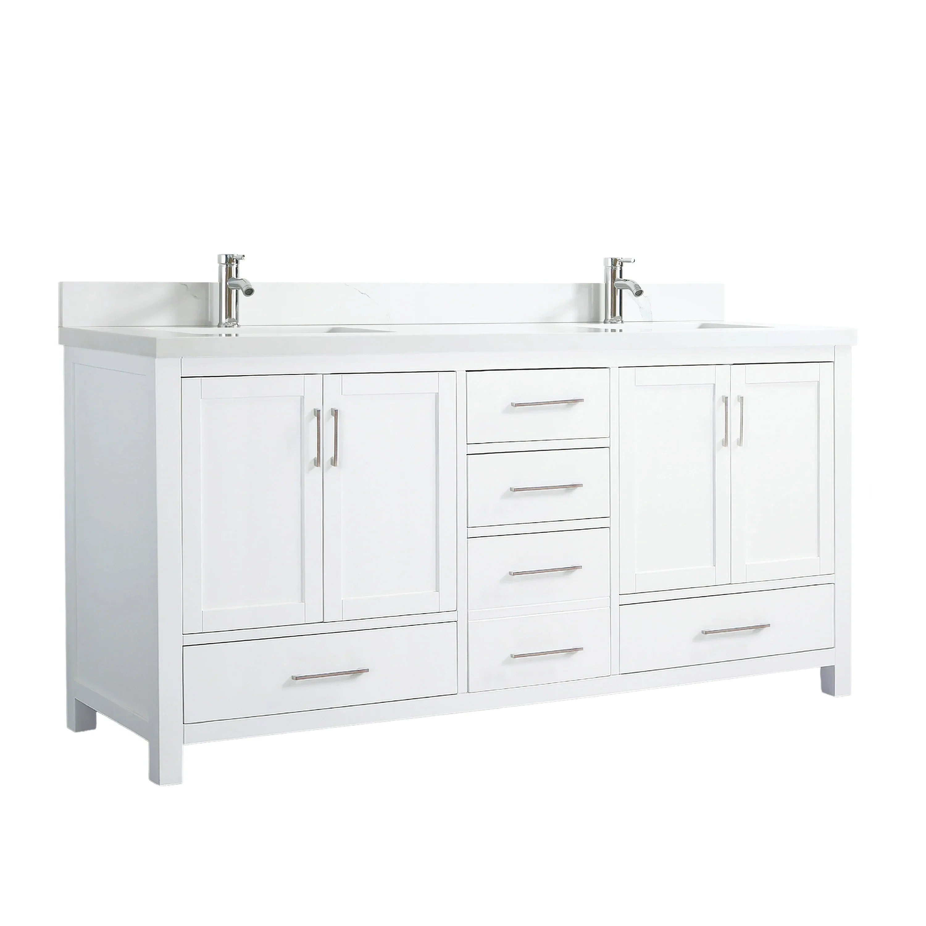 72" White Freestanding Double Sink Bathroom Vanity with Engineered Calcutta Marble