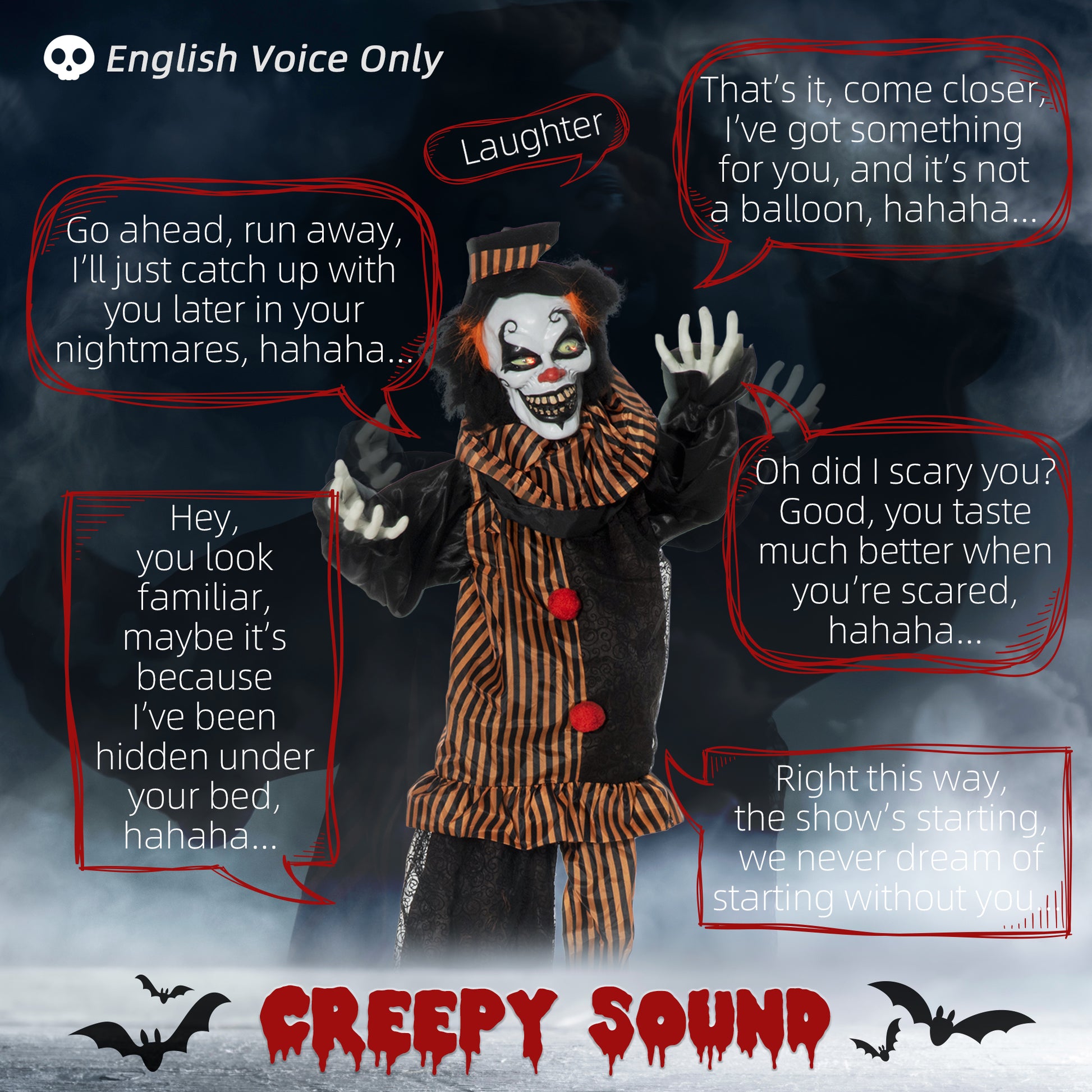 5.6' Animated Halloween Clown - Light Up Eyes & Sound-Home Furnishings > Holiday & Seasonal > Halloween Decorations-DECOROLALA