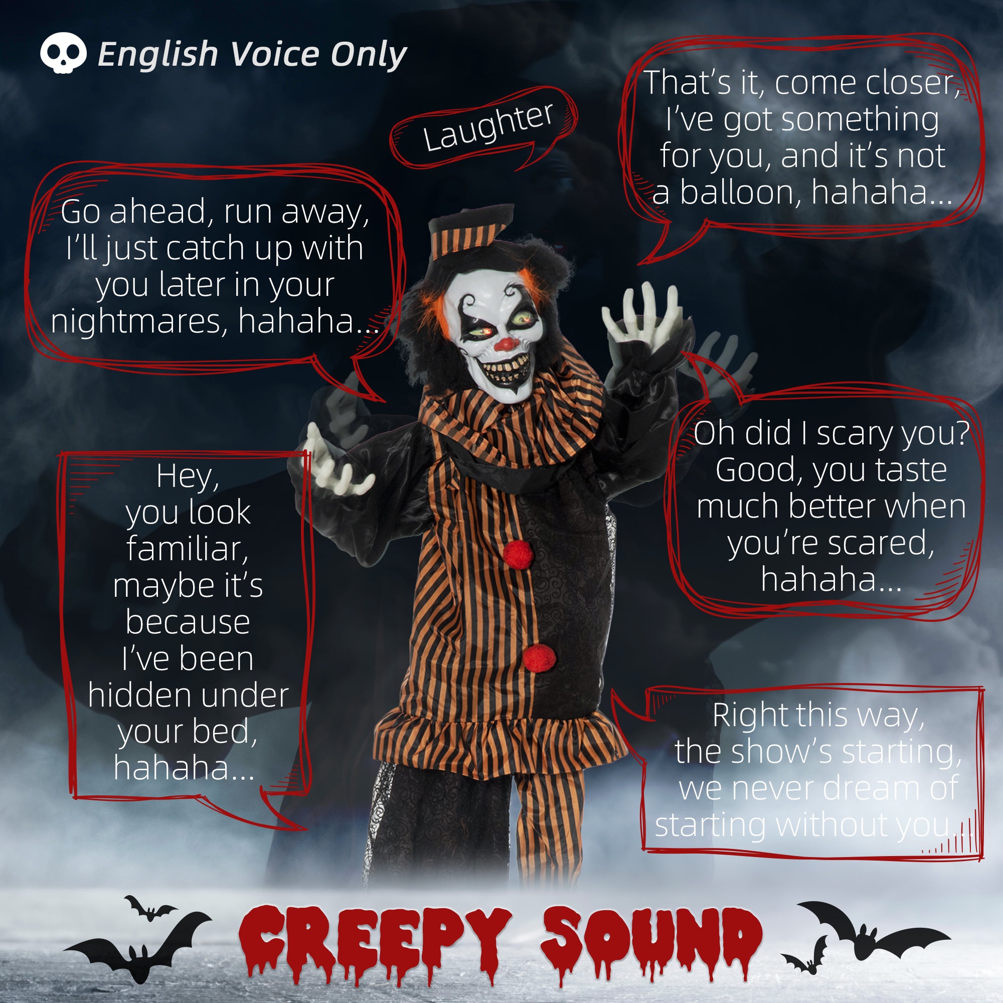 5.6' Animated Halloween Clown - Light Up Eyes & Sound-Home Furnishings > Holiday & Seasonal > Halloween Decorations-DECOROLALA