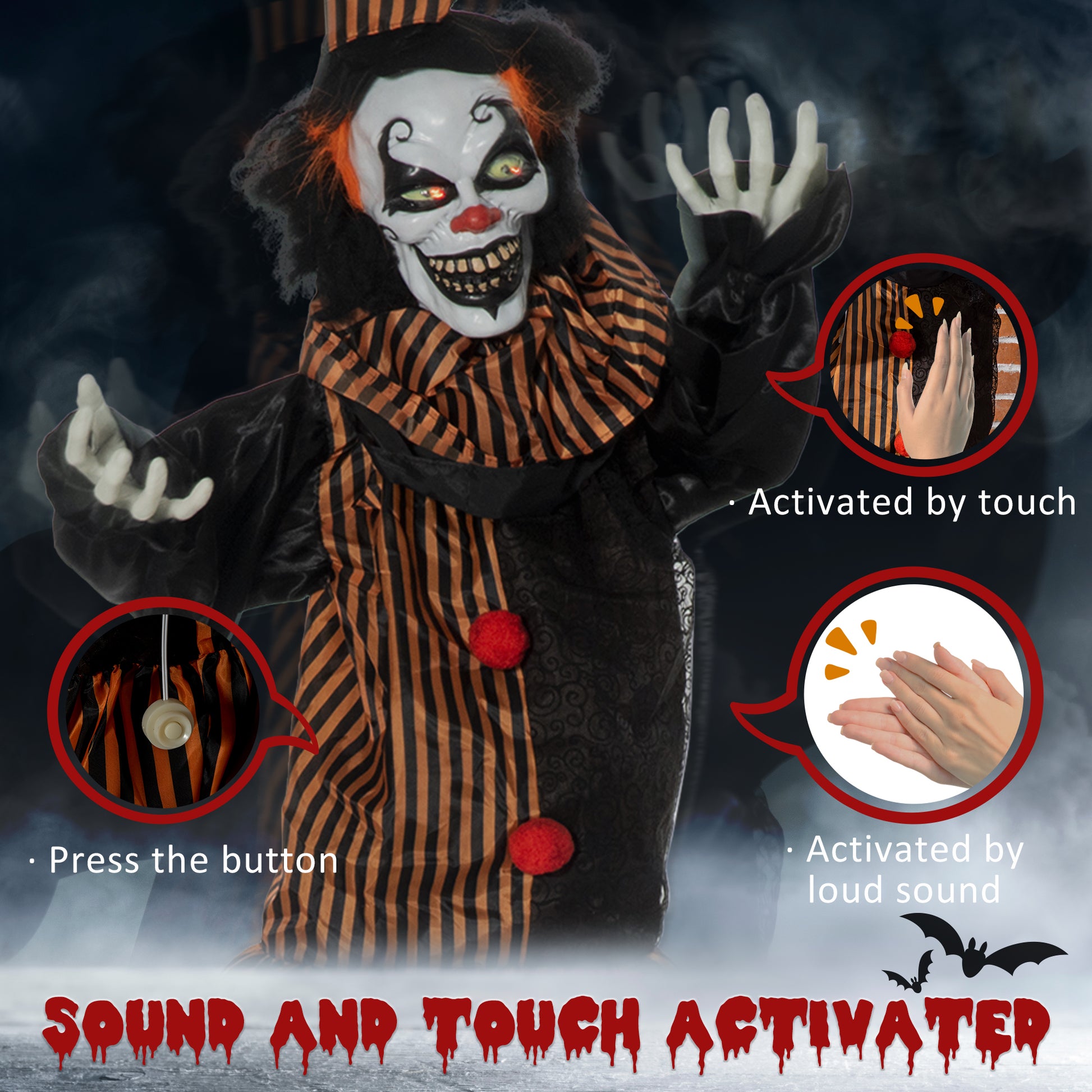 5.6' Animated Halloween Clown - Light Up Eyes & Sound-Home Furnishings > Holiday & Seasonal > Halloween Decorations-DECOROLALA