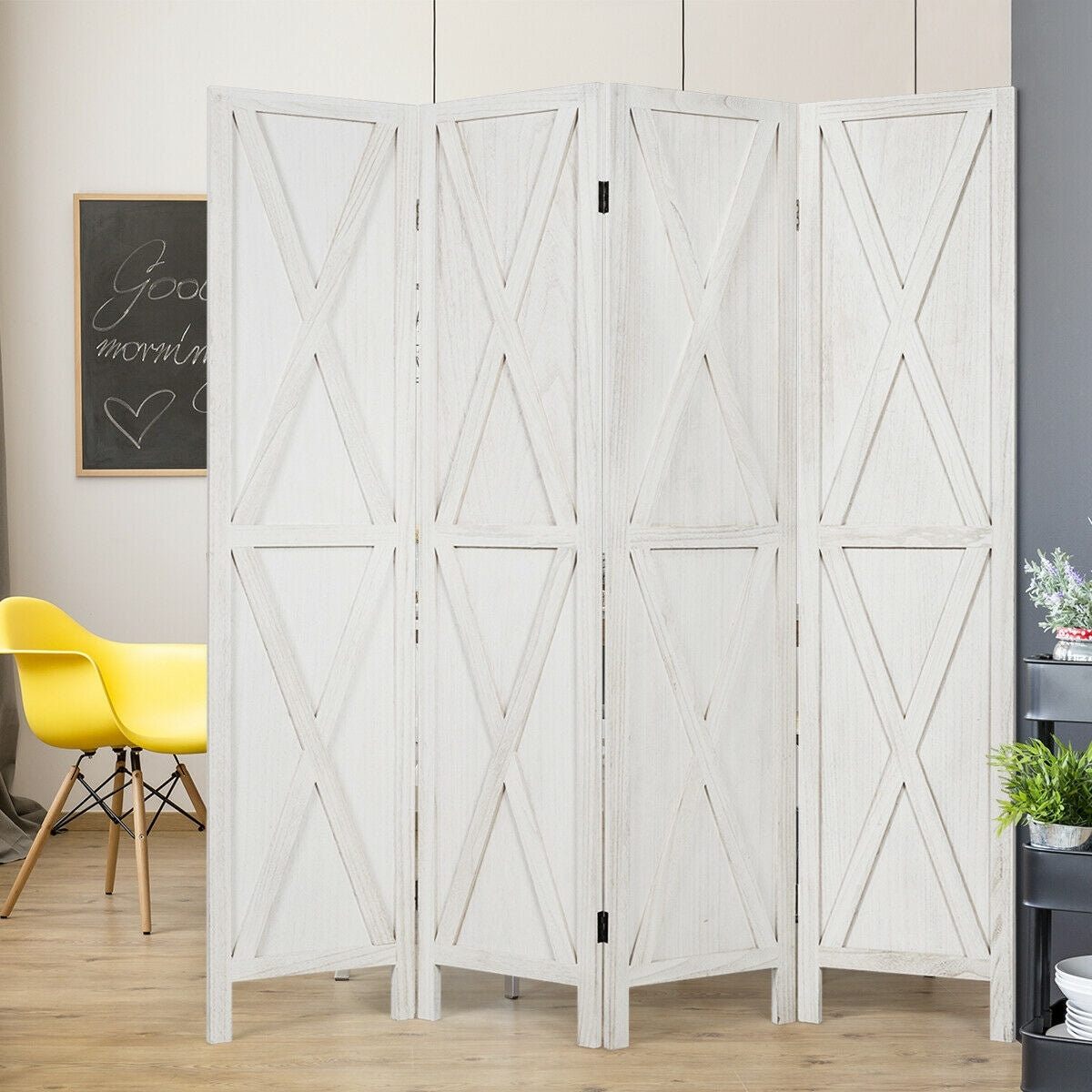 5.6 Ft 4 Panels Folding Wooden Room Divider-White-Room Dividers-DECOROLALA