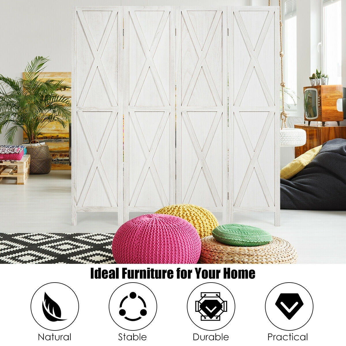 5.6 Ft 4 Panels Folding Wooden Room Divider-White-Room Dividers-DECOROLALA