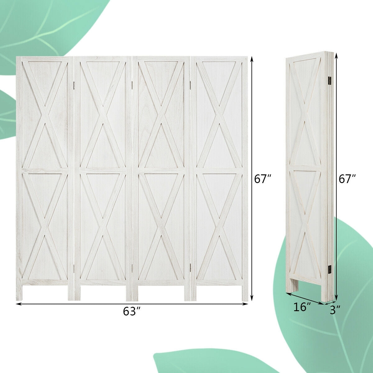 5.6 Ft 4 Panels Folding Wooden Room Divider-White-Room Dividers-DECOROLALA