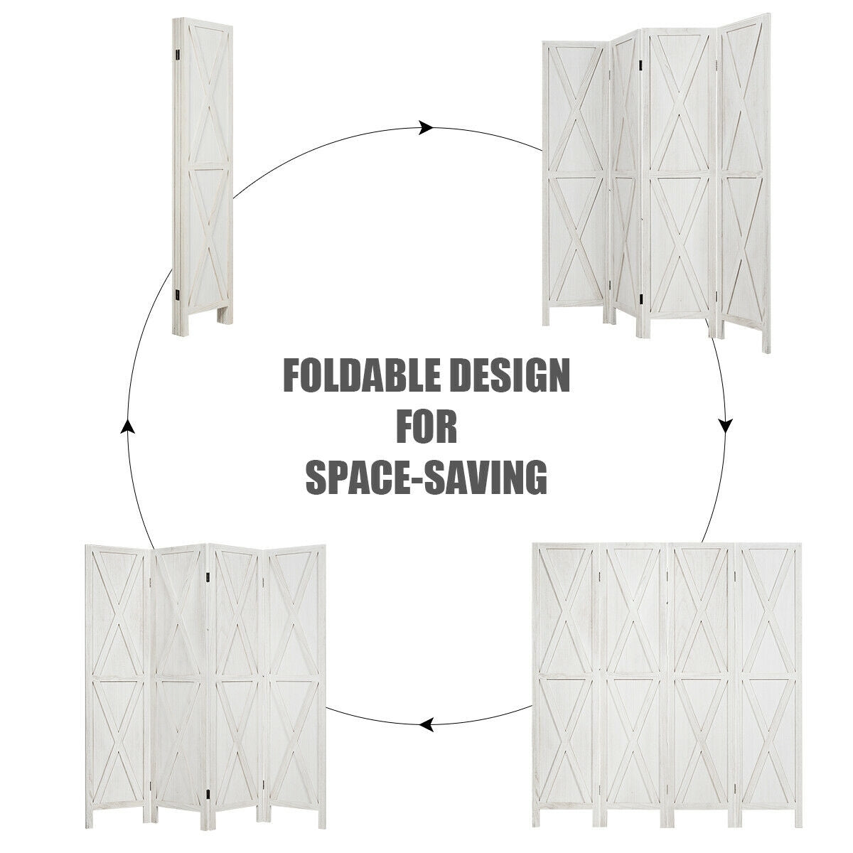 5.6 Ft 4 Panels Folding Wooden Room Divider-White-Room Dividers-DECOROLALA