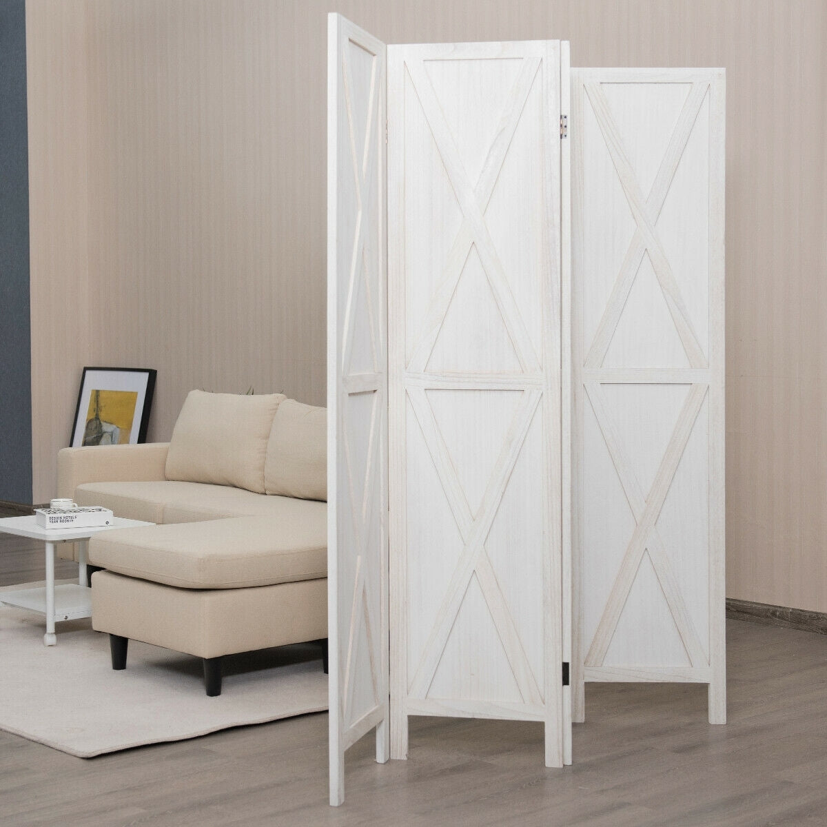 5.6 Ft 4 Panels Folding Wooden Room Divider-White-Room Dividers-DECOROLALA