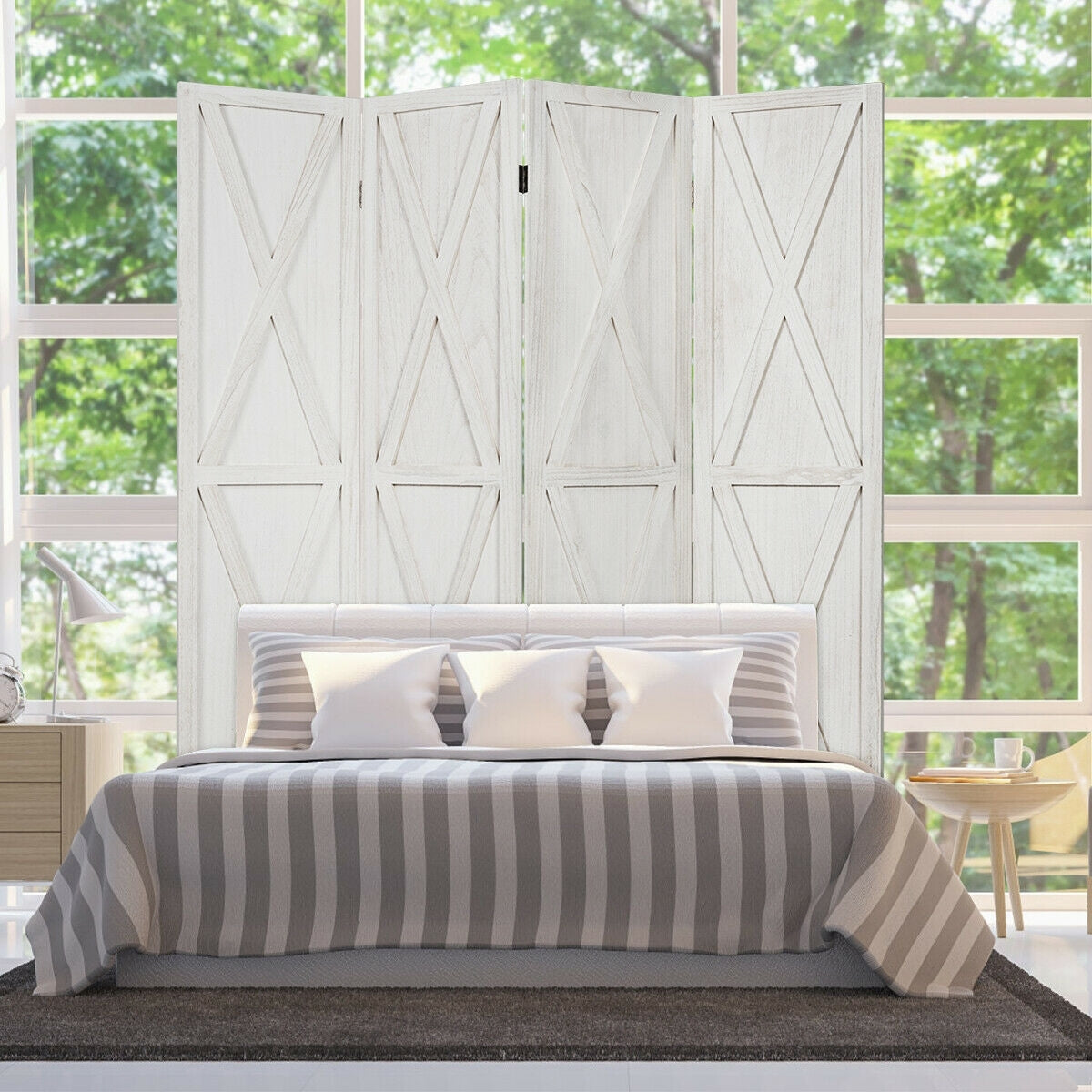 5.6 Ft 4 Panels Folding Wooden Room Divider-White-Room Dividers-DECOROLALA