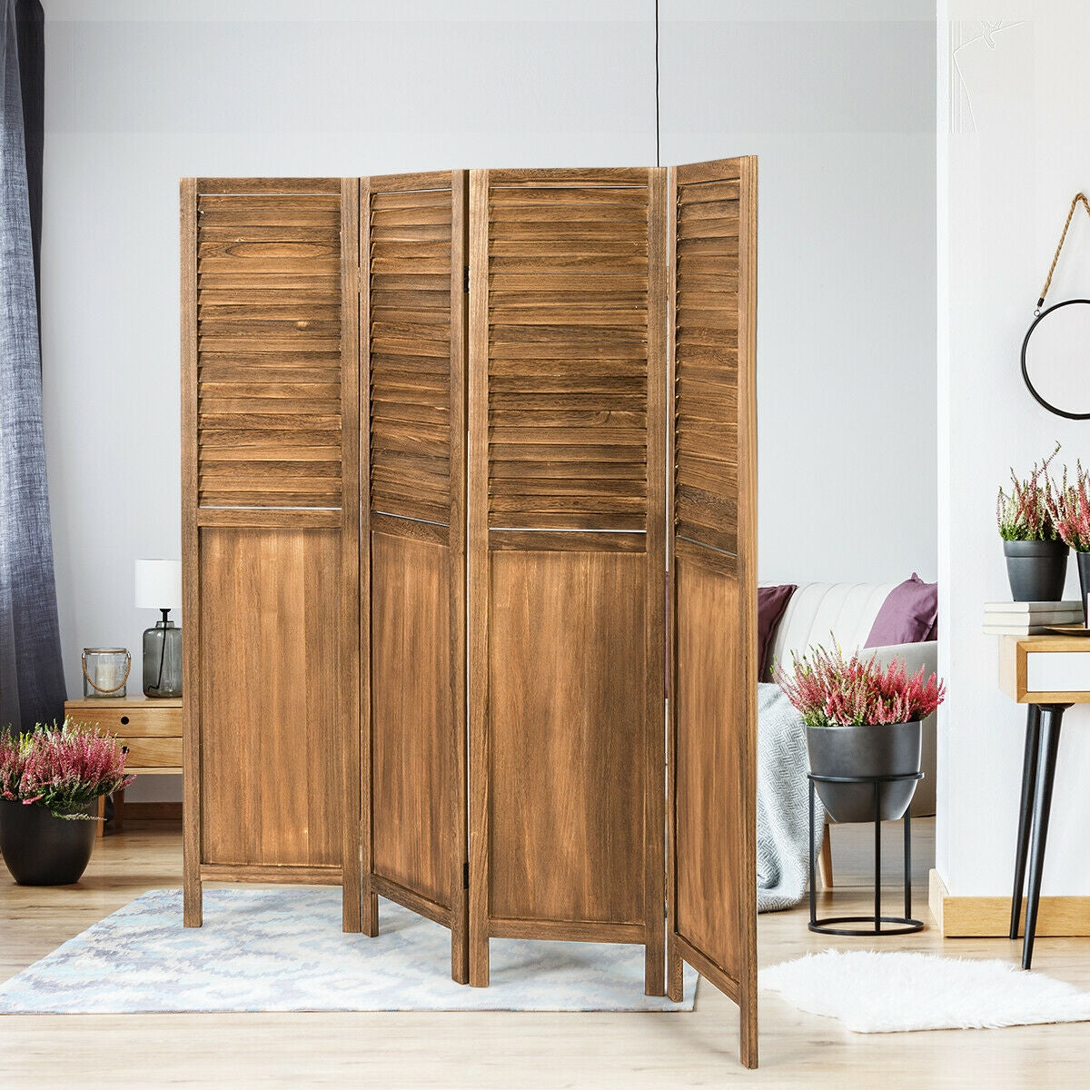 5.6 Ft Tall 4 Panel Folding Privacy Room Divider-Wood-Room Dividers-DECOROLALA