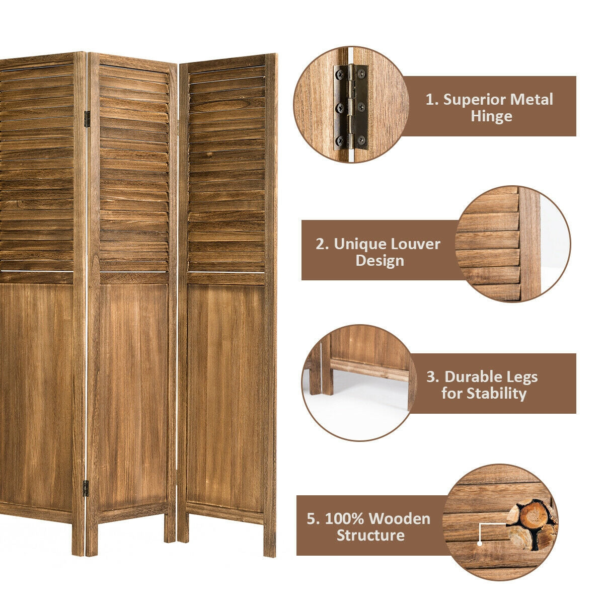 5.6 Ft Tall 4 Panel Folding Privacy Room Divider-Wood-Room Dividers-DECOROLALA
