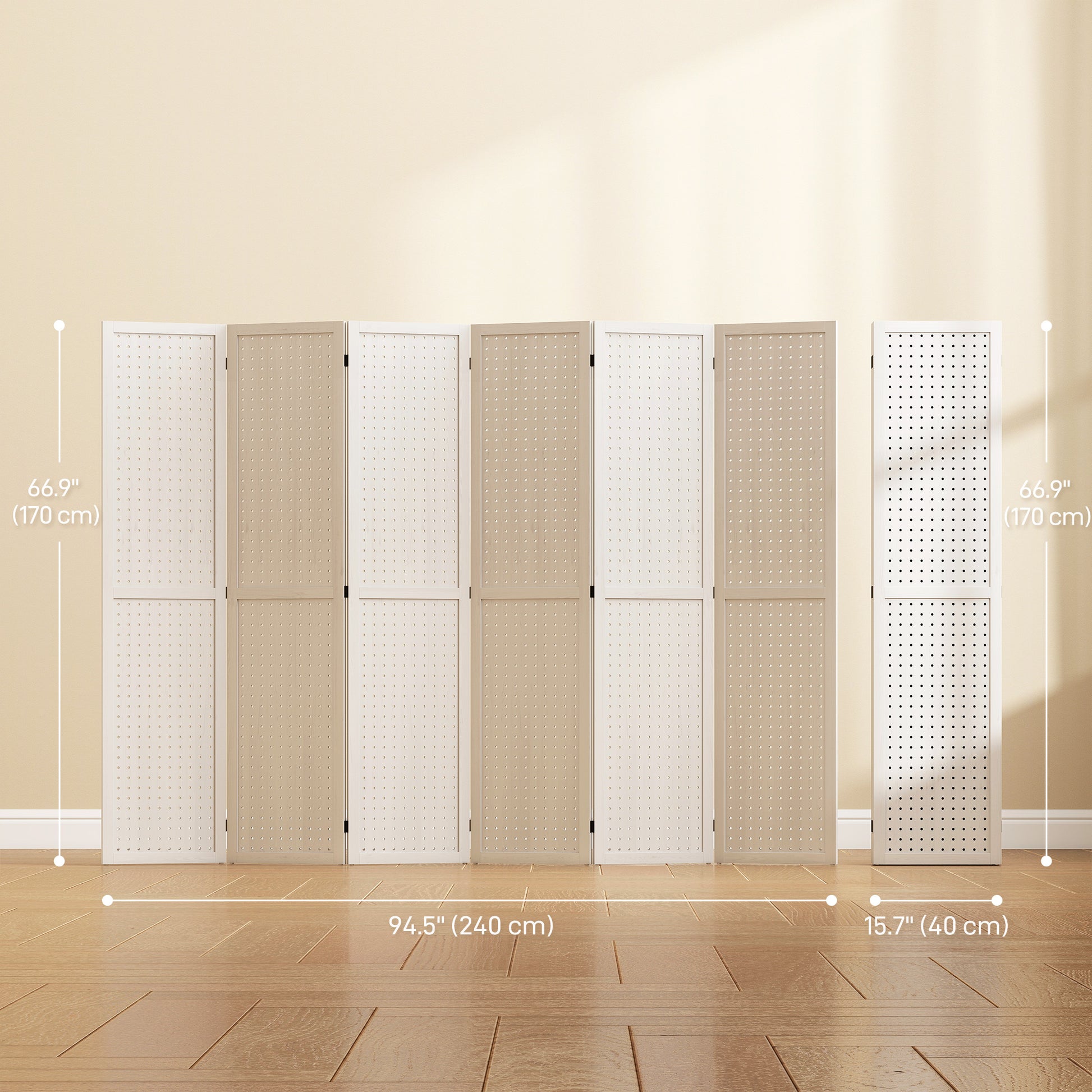 5.6 Ft. Tall 6-Panel Room Divider, Pegboard Panel Folding Privacy Screen, Partition Wall Divider for Bedroom, White-Home Furnishings > Living Room Furniture > Room Dividers-DECOROLALA