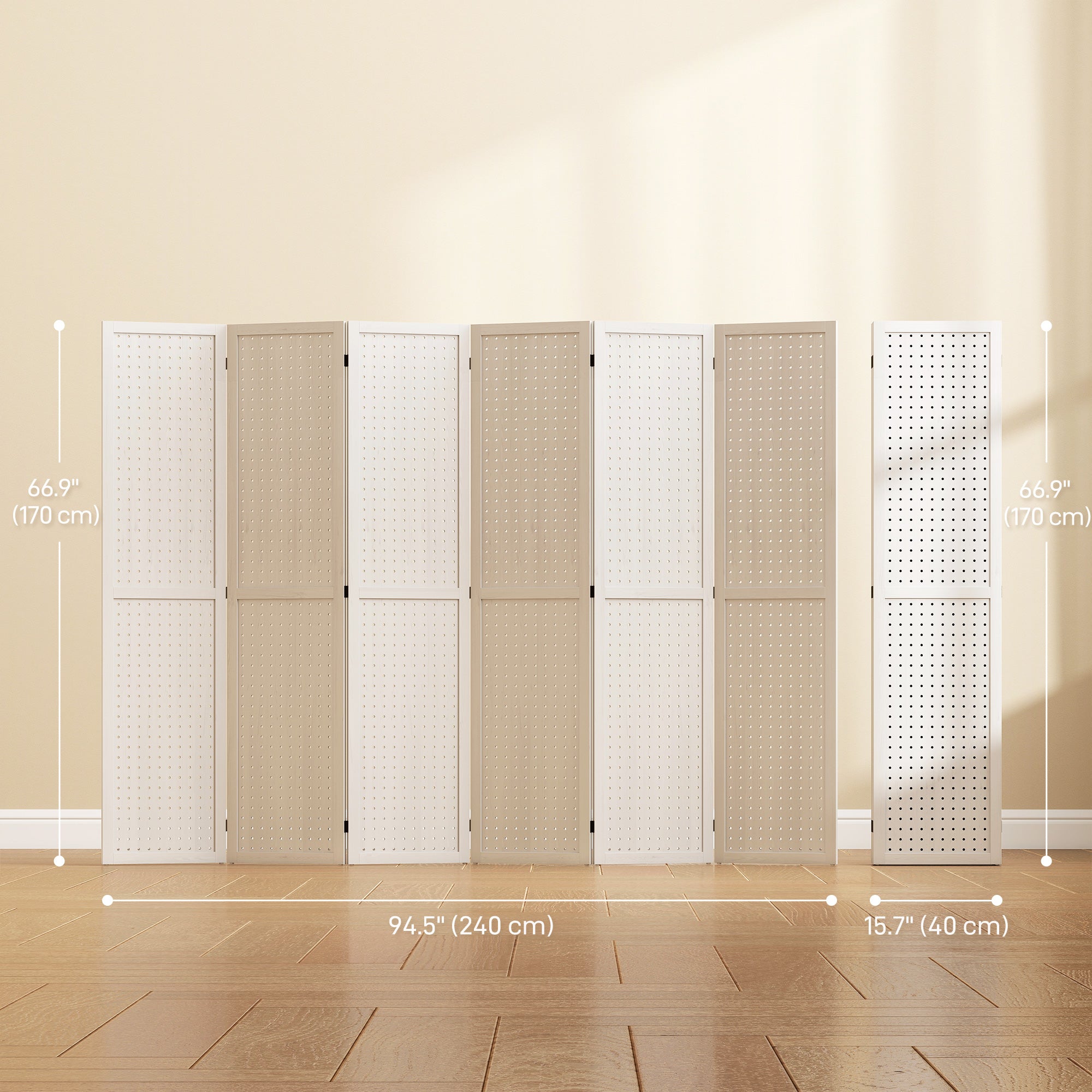 5.6 Ft. Tall 6-Panel Room Divider, Pegboard Panel Folding Privacy Screen, Partition Wall Divider for Bedroom, White-Home Furnishings > Living Room Furniture > Room Dividers-DECOROLALA
